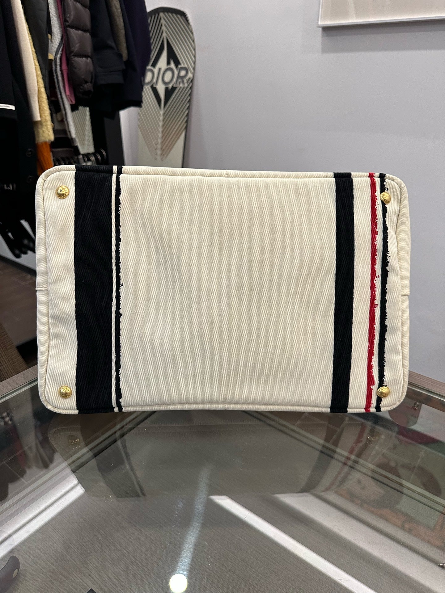 Prada - Canvas Striped Tote Bag - Canvas - White with Black and Red Stripes - (large)