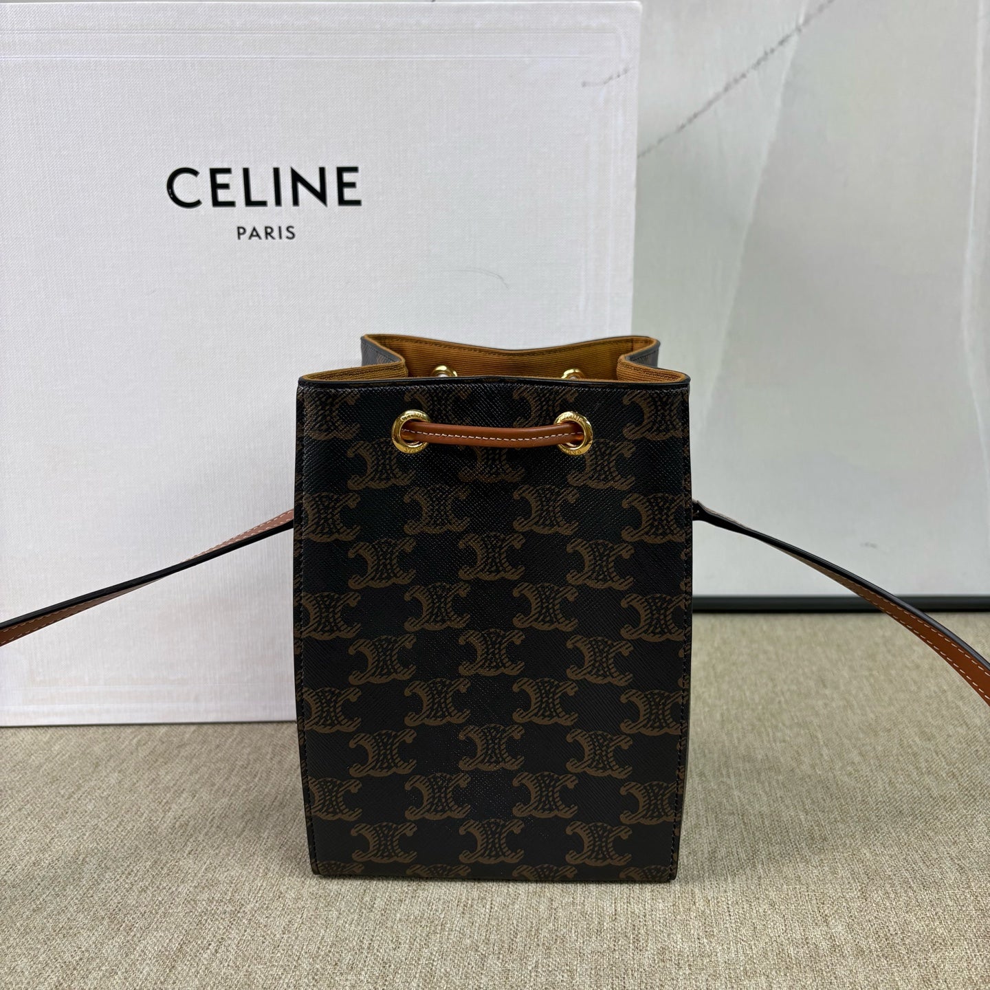Celine - Sailor Bucket Bag - Triomphe coated canvas with calfskin leather trim and canvas lining - Black and Brown - (mini)