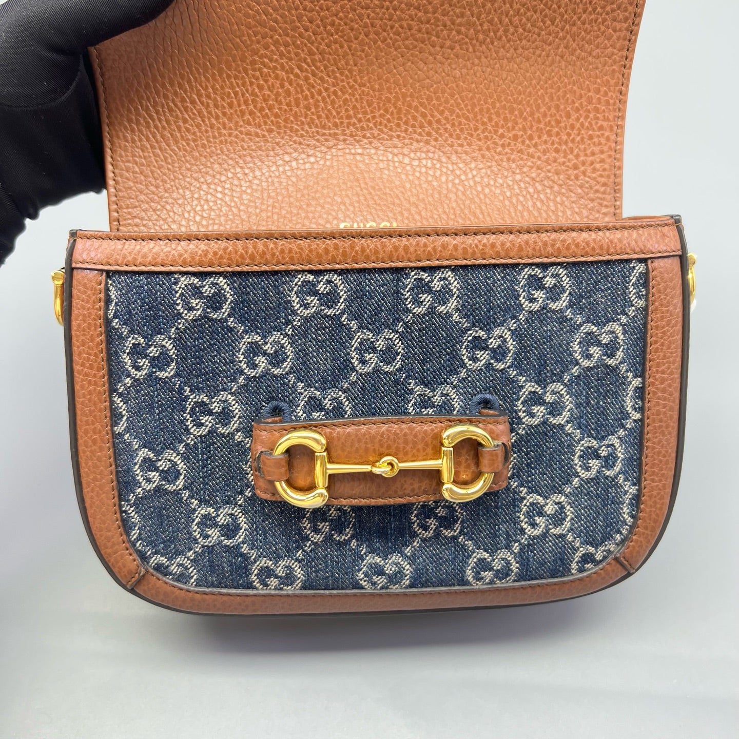 Gucci - Horsebit 1955 Mini - Denim and pebbled leather - Blue with brown trim - (mini)