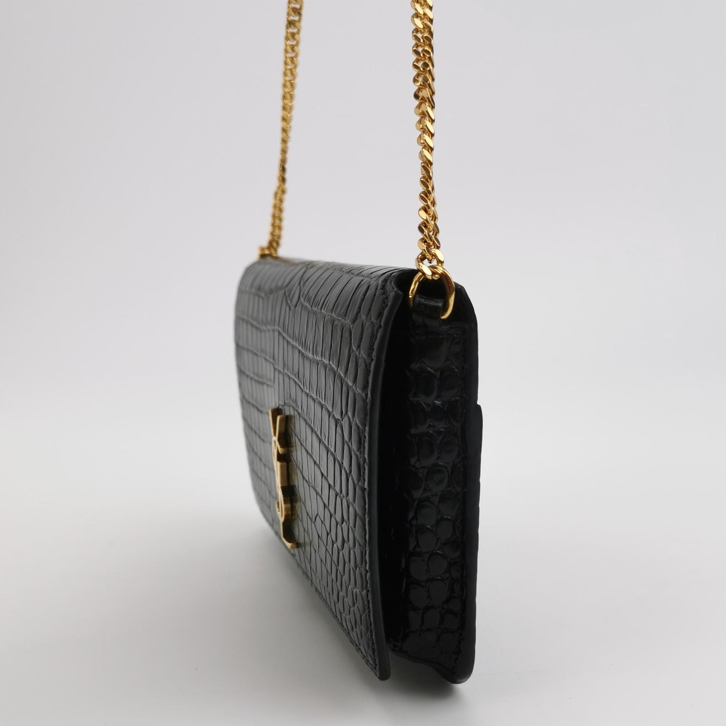 Saint Laurent - Monogram Wallet on Chain (WOC) - Calfskin leather with crocodile embossing - Black with Gold-Tone Hardware - (Mini)