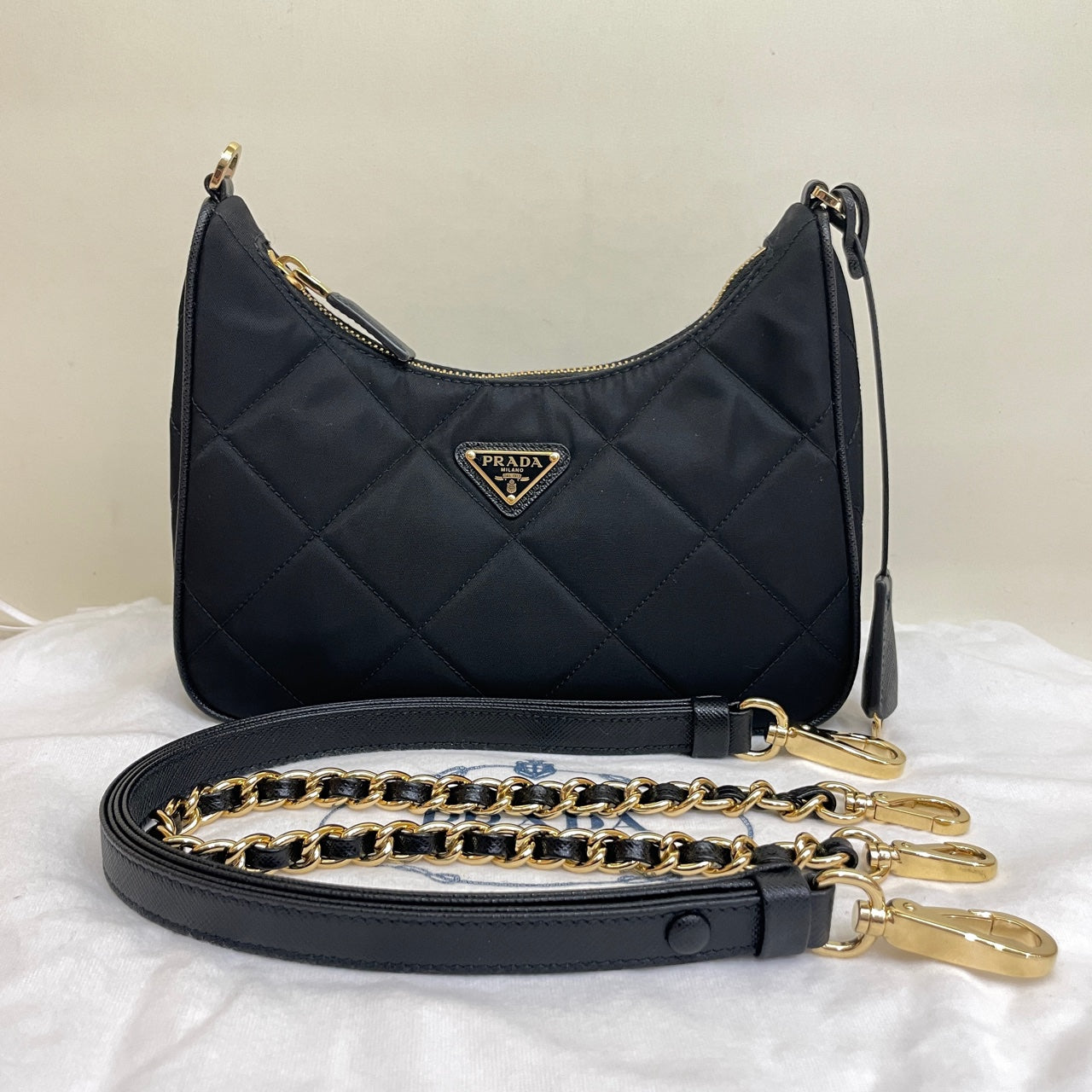 Prada - Re-Edition 1995 Chain Quilted Nylon Handbag - Nylon with Saffiano leather trim - Black with Gold-Tone Hardware - (Small)