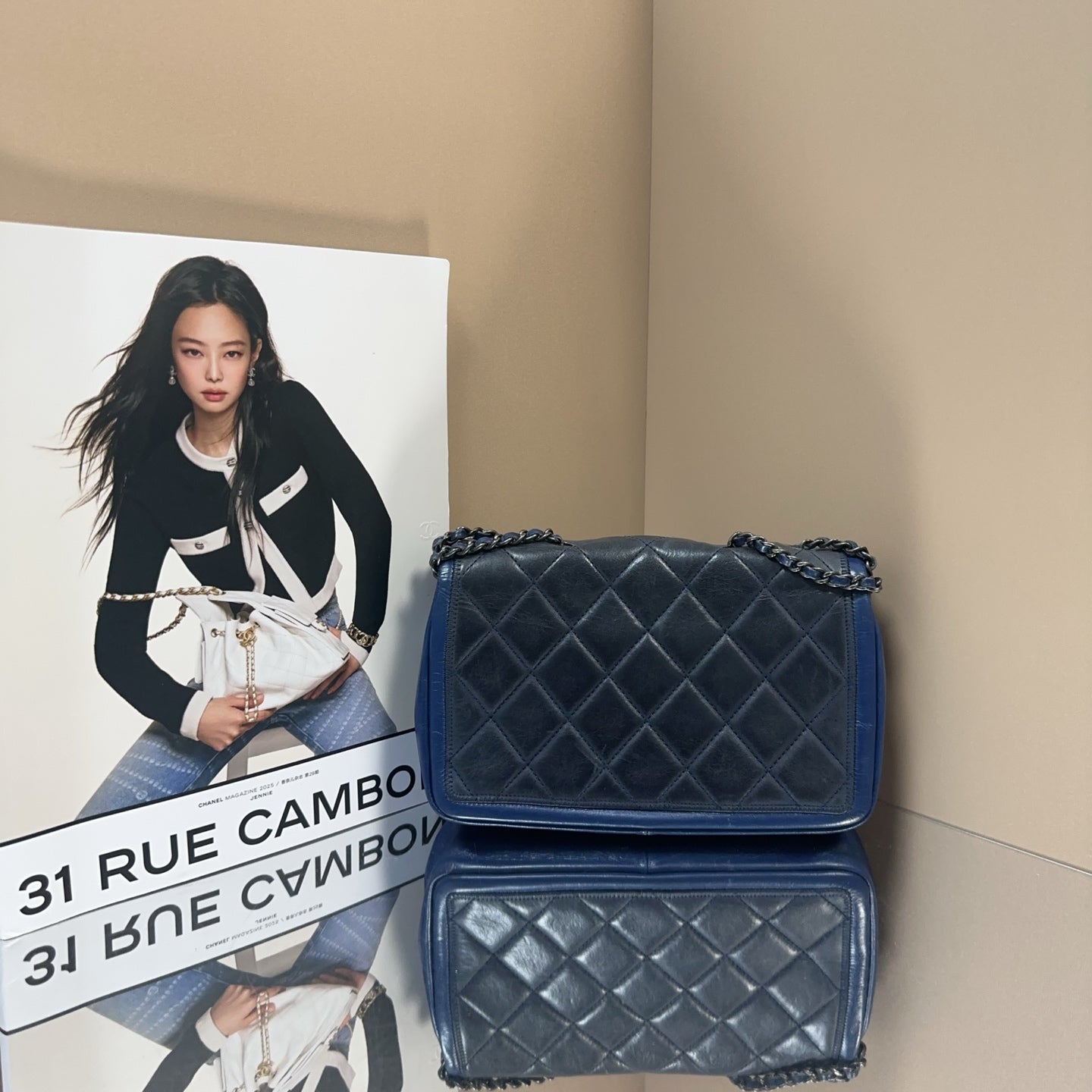 Chanel - Seasonal Flap Bag - Cowhide leather with textile panels - Dark Blue and Grey color-block with silver-tone hardware - (Small)
