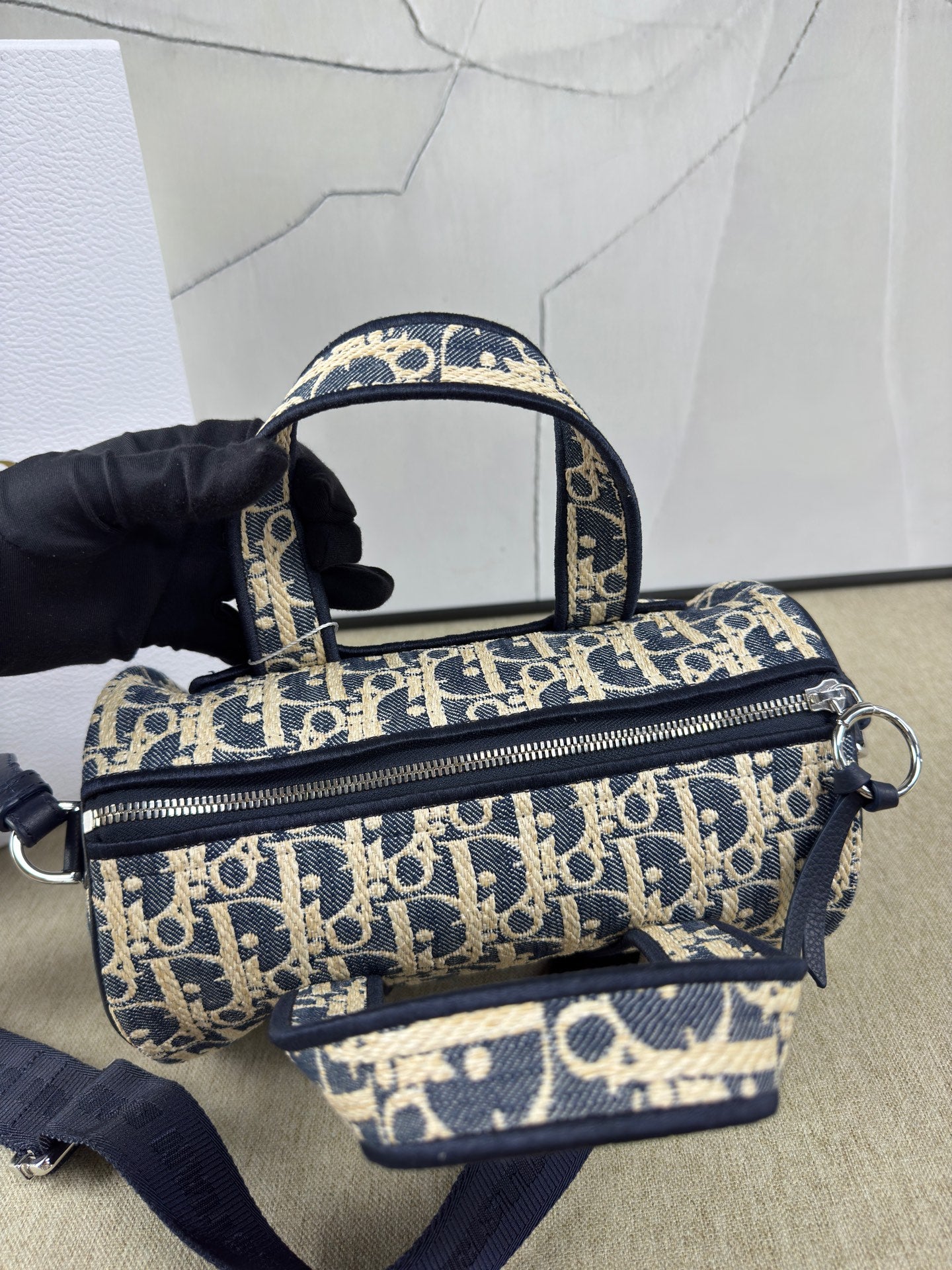 Dior - Dior Oblique Denim Cylinder Bag - Denim with leather trim and embroidery - Blue - (mini)