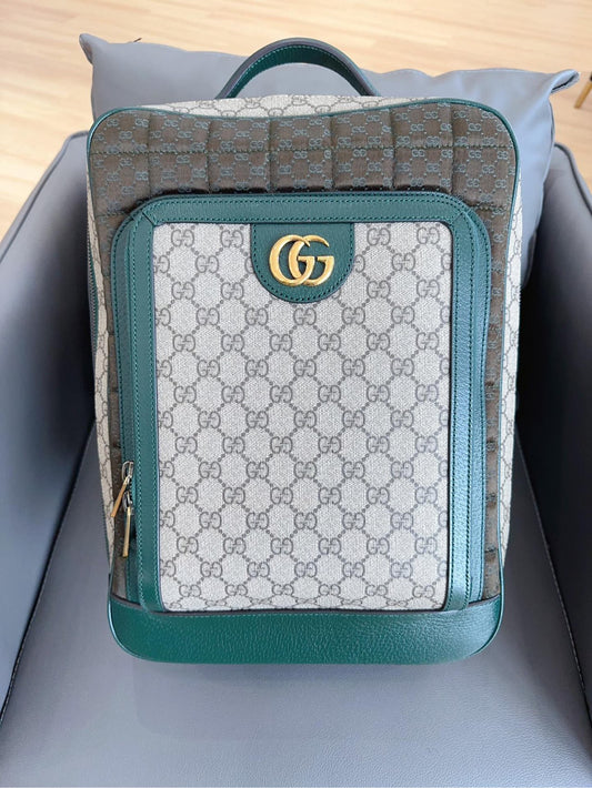 Gucci - GG Supreme Backpack with Green Leather Trim - GG Supreme canvas and leather - Beige, Brown, Green - (Medium)