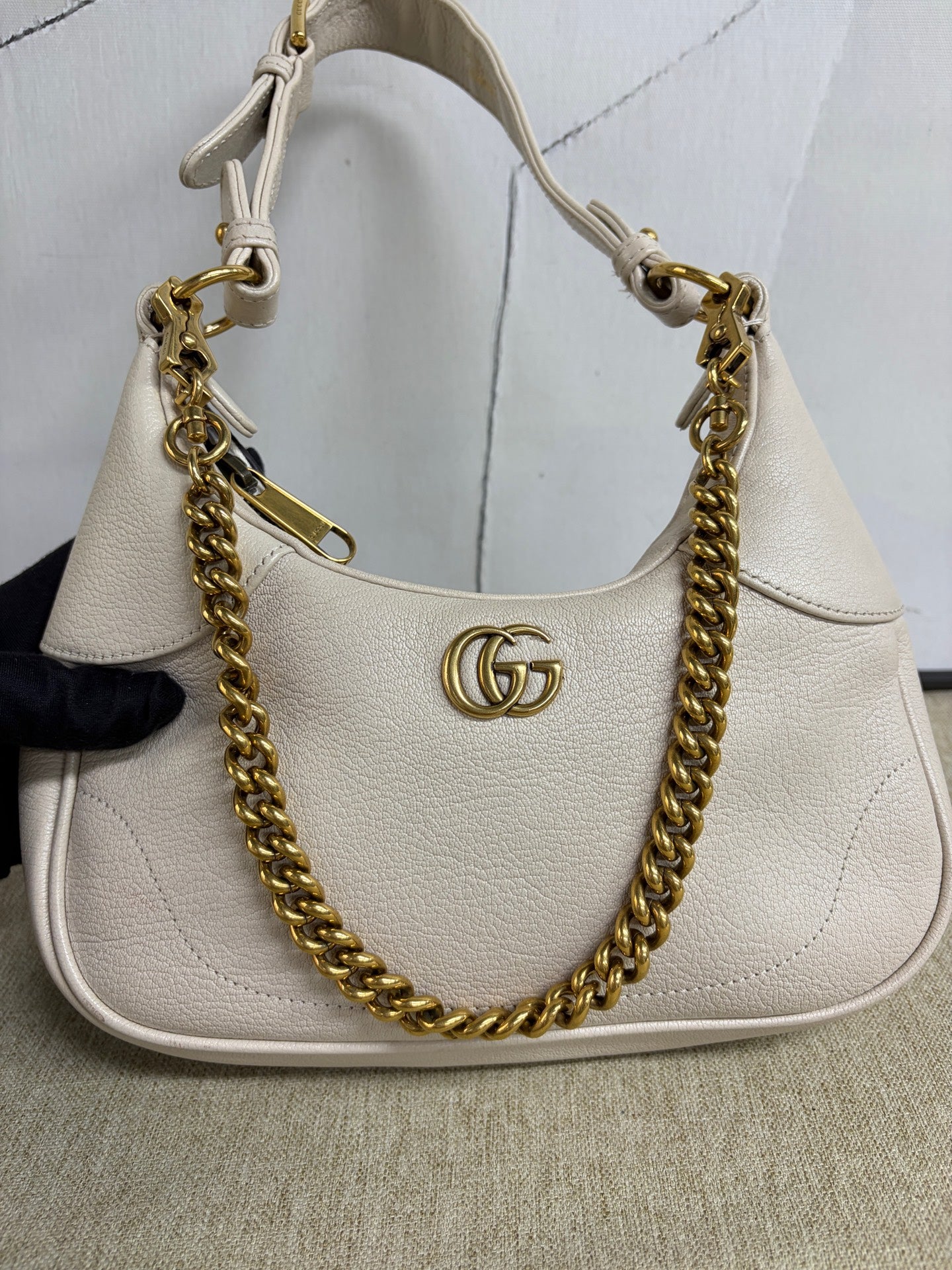 Gucci - Aphrodite Half-Moon Shoulder Bag - Pebbled cowhide leather - Beige with Gold-Tone Hardware - (small)