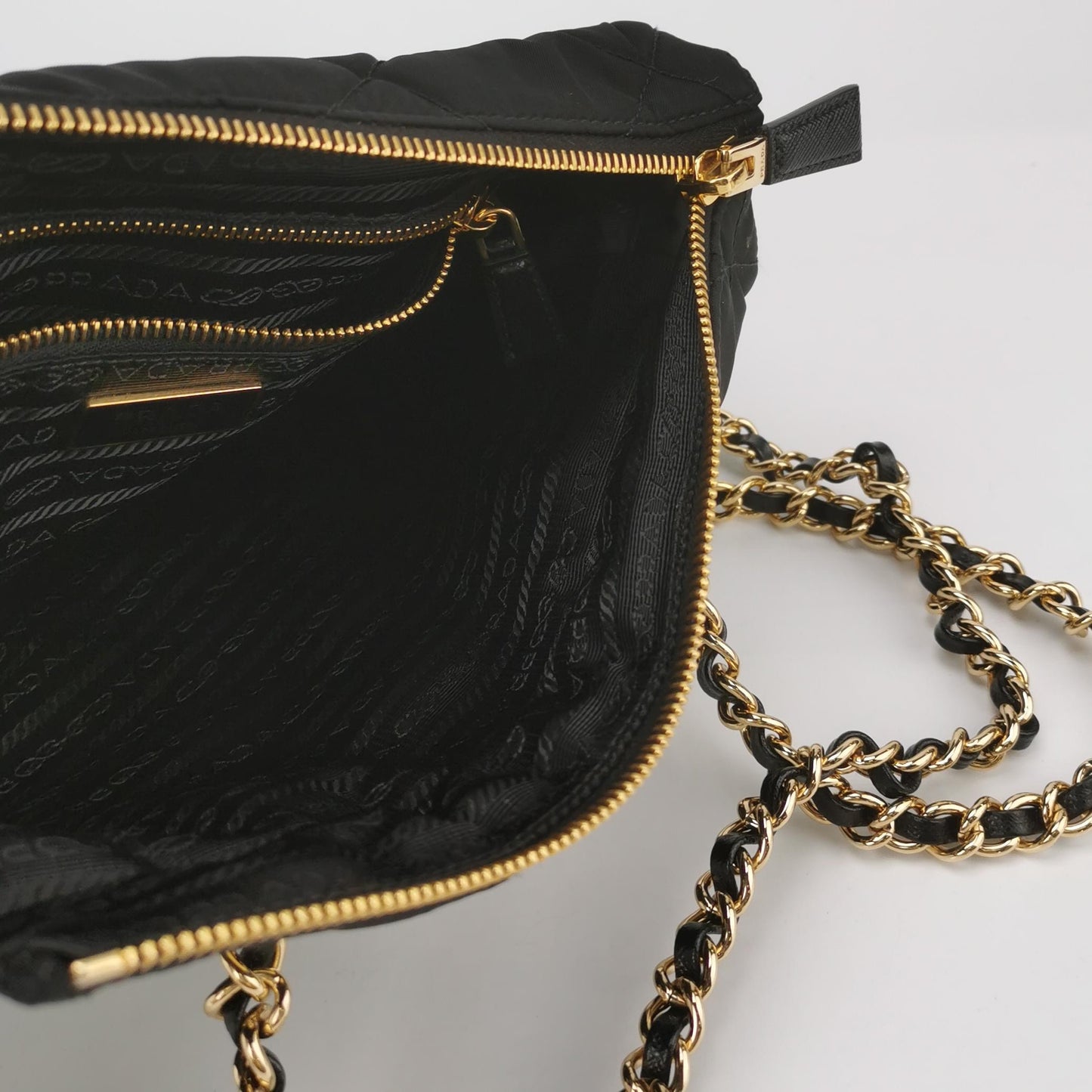 Prada - Quilted Tessuto Chain Shoulder Bag - Quilted Tessuto nylon with Saffiano leather trim - Black - (Medium)