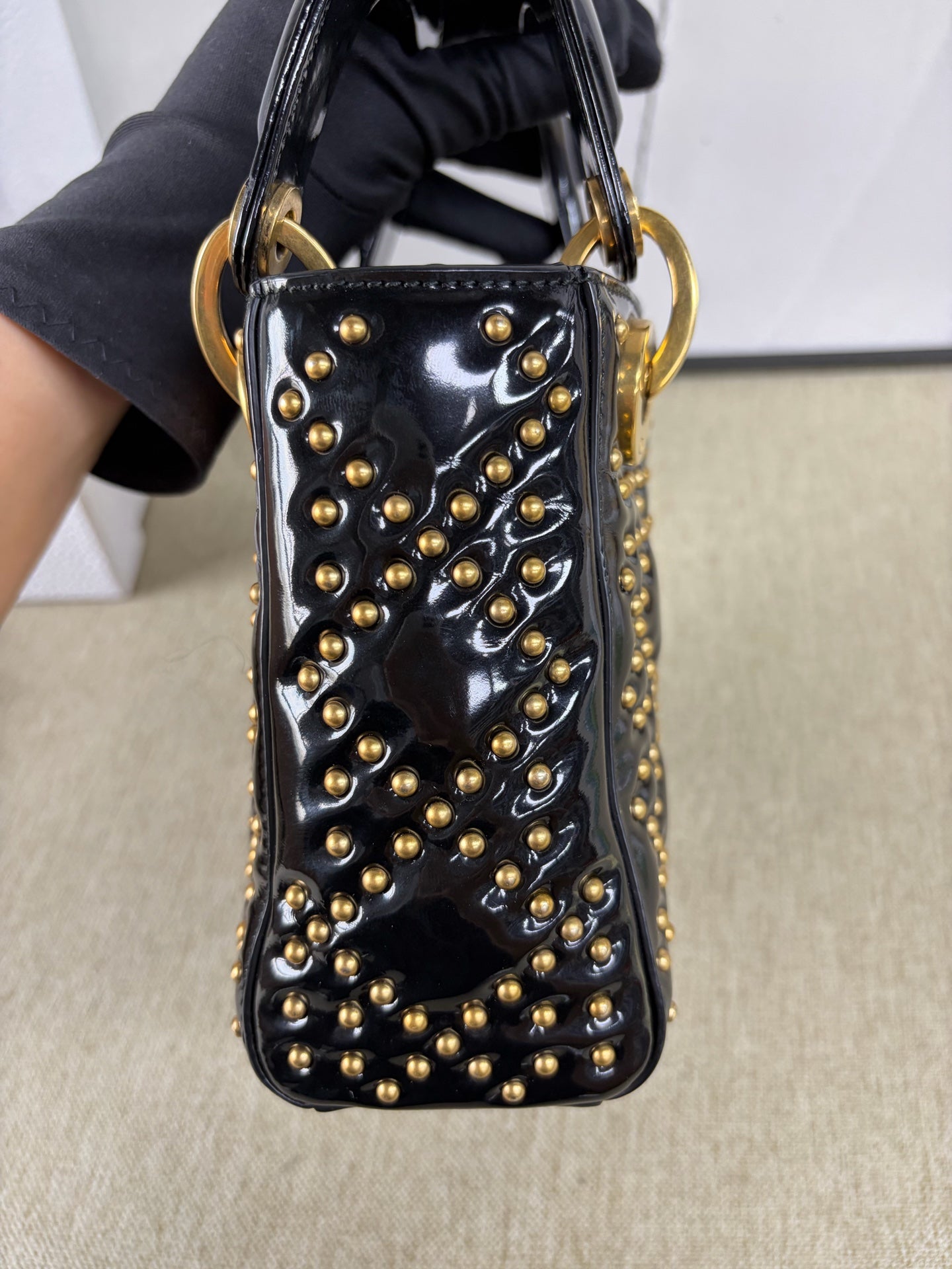 Dior - Lady Dior Mini Studded Bag - Patent leather - Black - (mini)