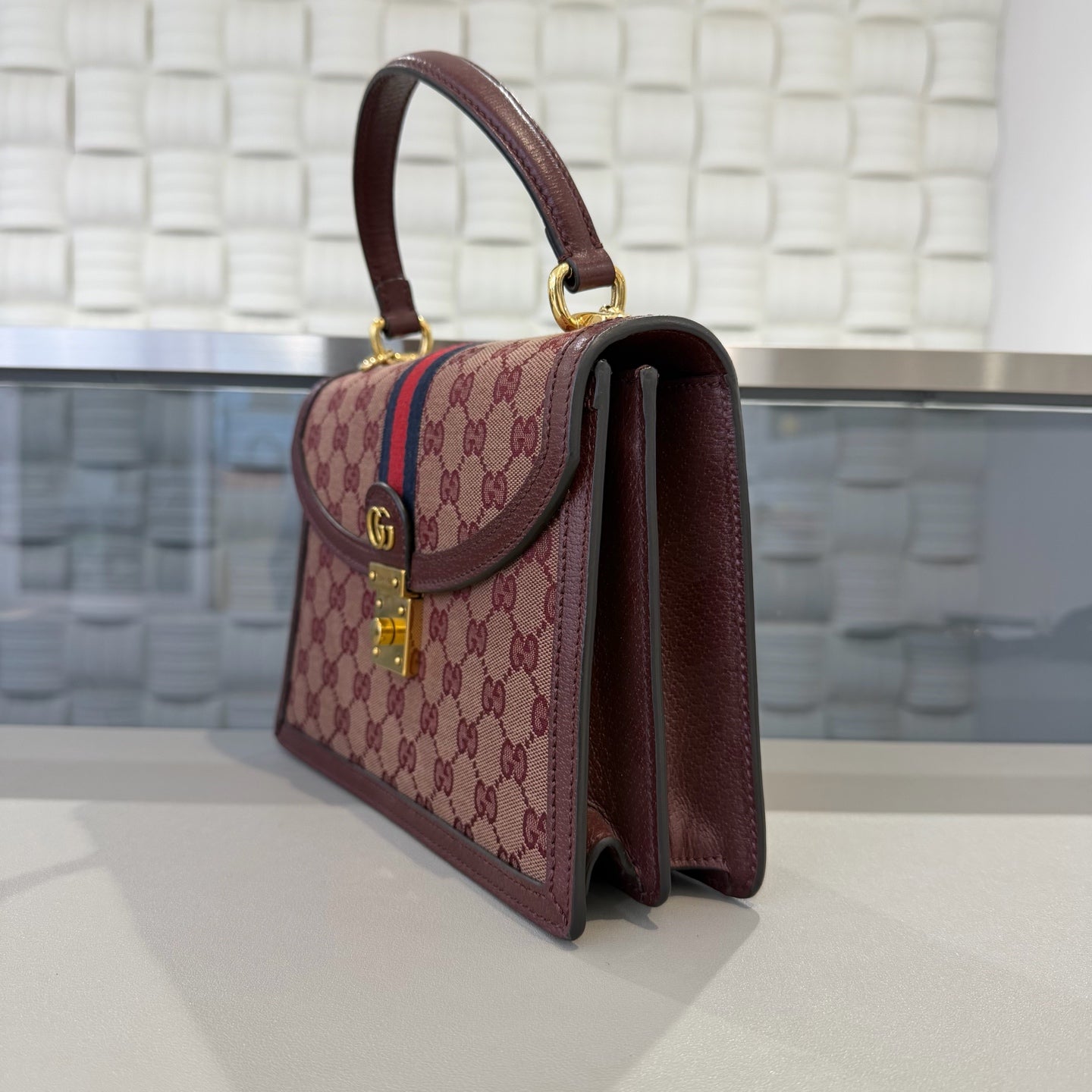 Gucci - Ophidia Top Handle Bag - GG Supreme canvas with leather trim - Burgundy - (medium)