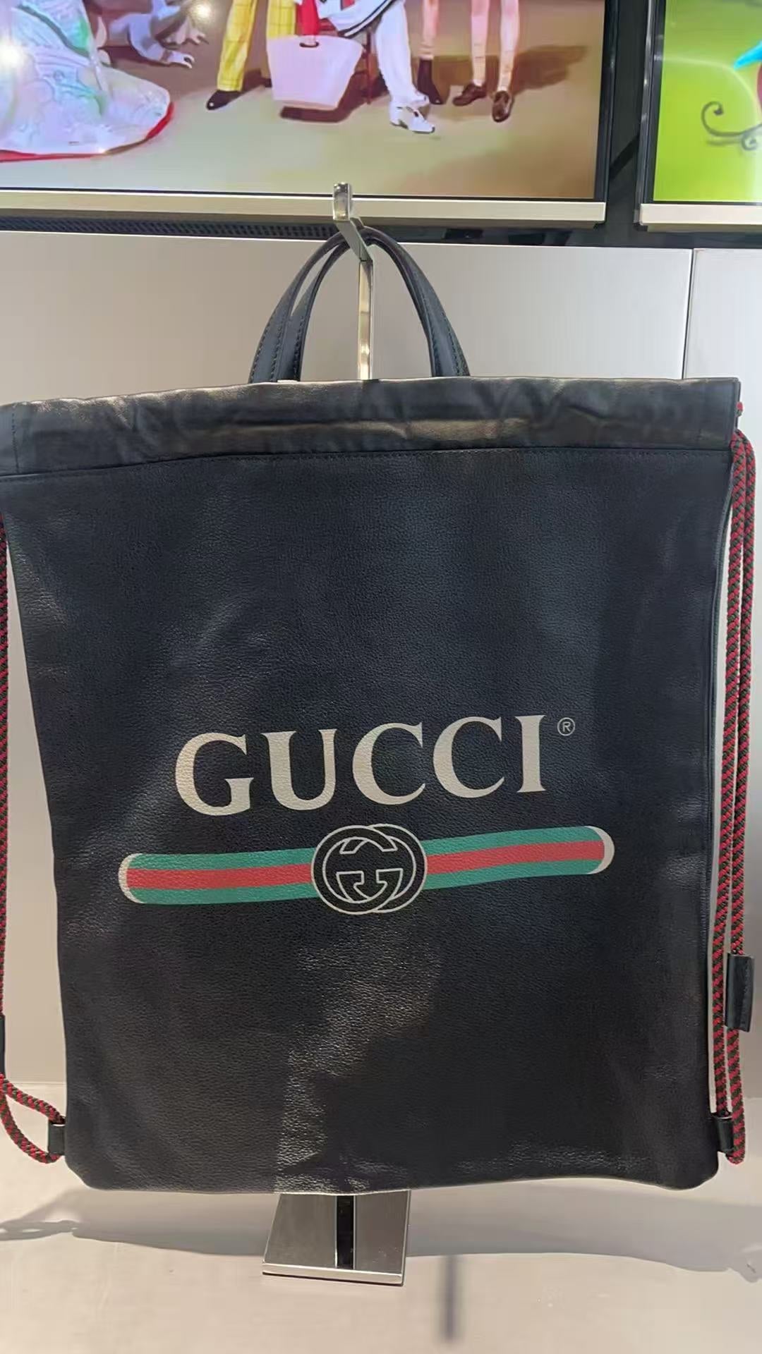 Gucci - All-Leather Drawstring Backpack with Web Logo - Leather - Black - (Large)