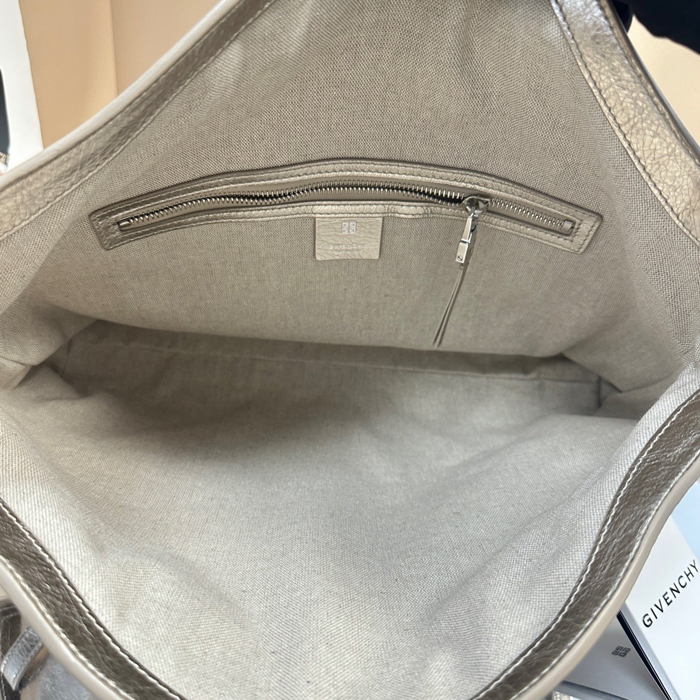 Givenchy - Voyou Crossbody Bag - Distressed metallic calfskin leather (Exterior), Canvas (Interior) - Metallic Silver - (Medium)
