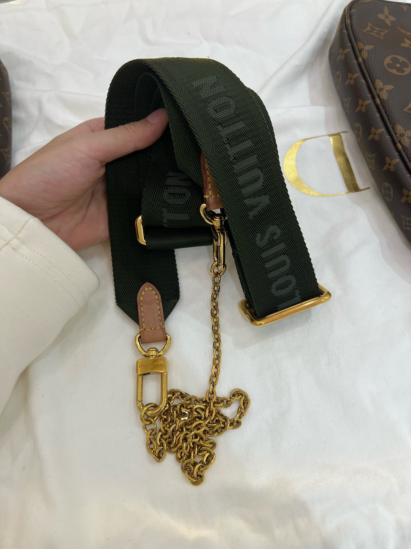 Louis Vuitton - Multi Pochette Accessoires - Monogram coated canvas with natural cowhide leather trim and textile strap - Brown (Monogram canvas) with Khaki Green strap - (Small)