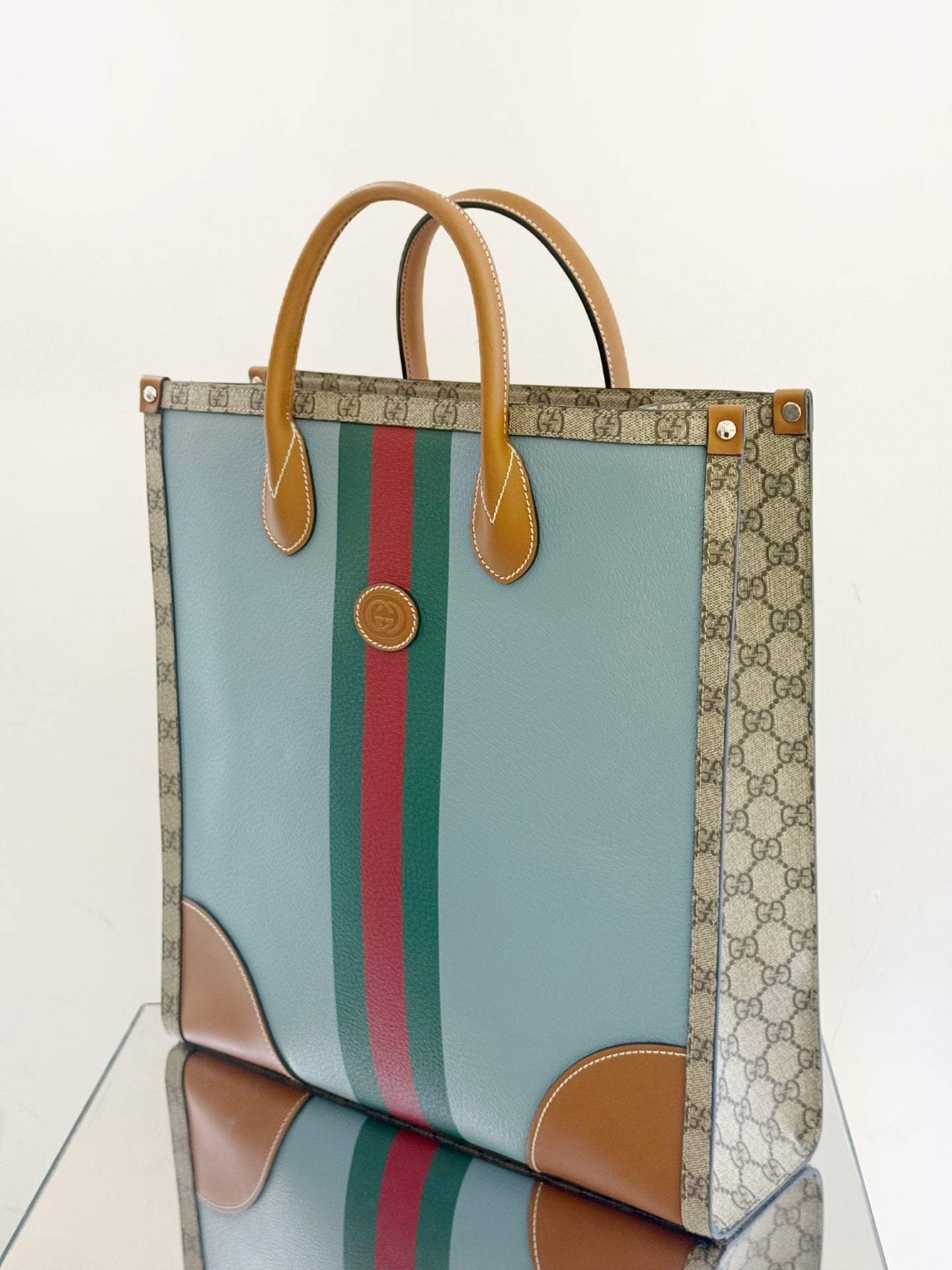 Gucci - GG Supreme Web Stripe Tote Bag - Coated canvas and leather - Brown and Blue - (medium)