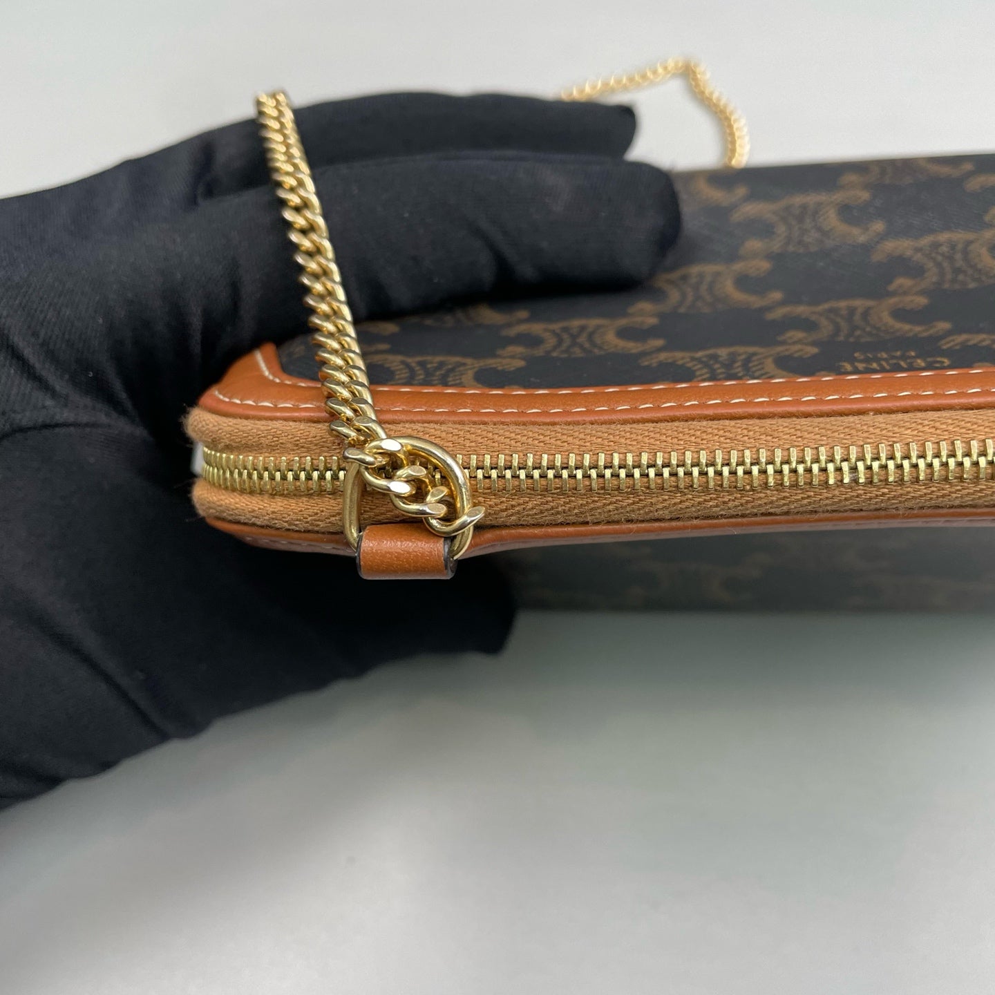 Celine - Triomphe Monogram Shell Chain Bag - Triomphe coated canvas with tan leather trim - Brown - (mini)