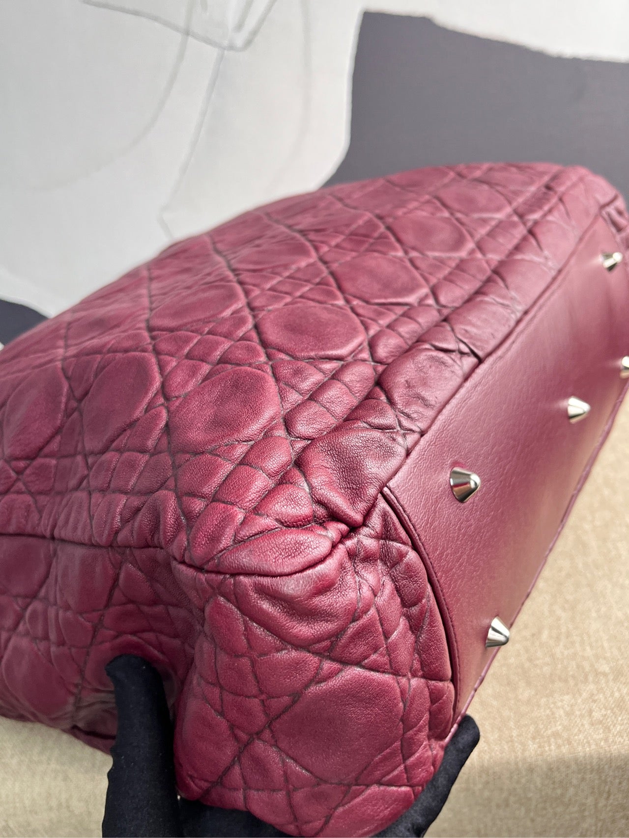 Dior - Lady Dior Cannage Tote Bag - Lambskin leather - Burgundy - (medium)