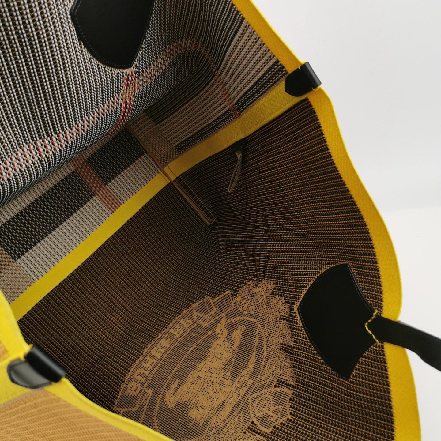 Burberry - Woven Logo and Check Tote Bag - Woven textile and leather - Mustard Yellow, Black, Yellow, Red, and White - (Large)