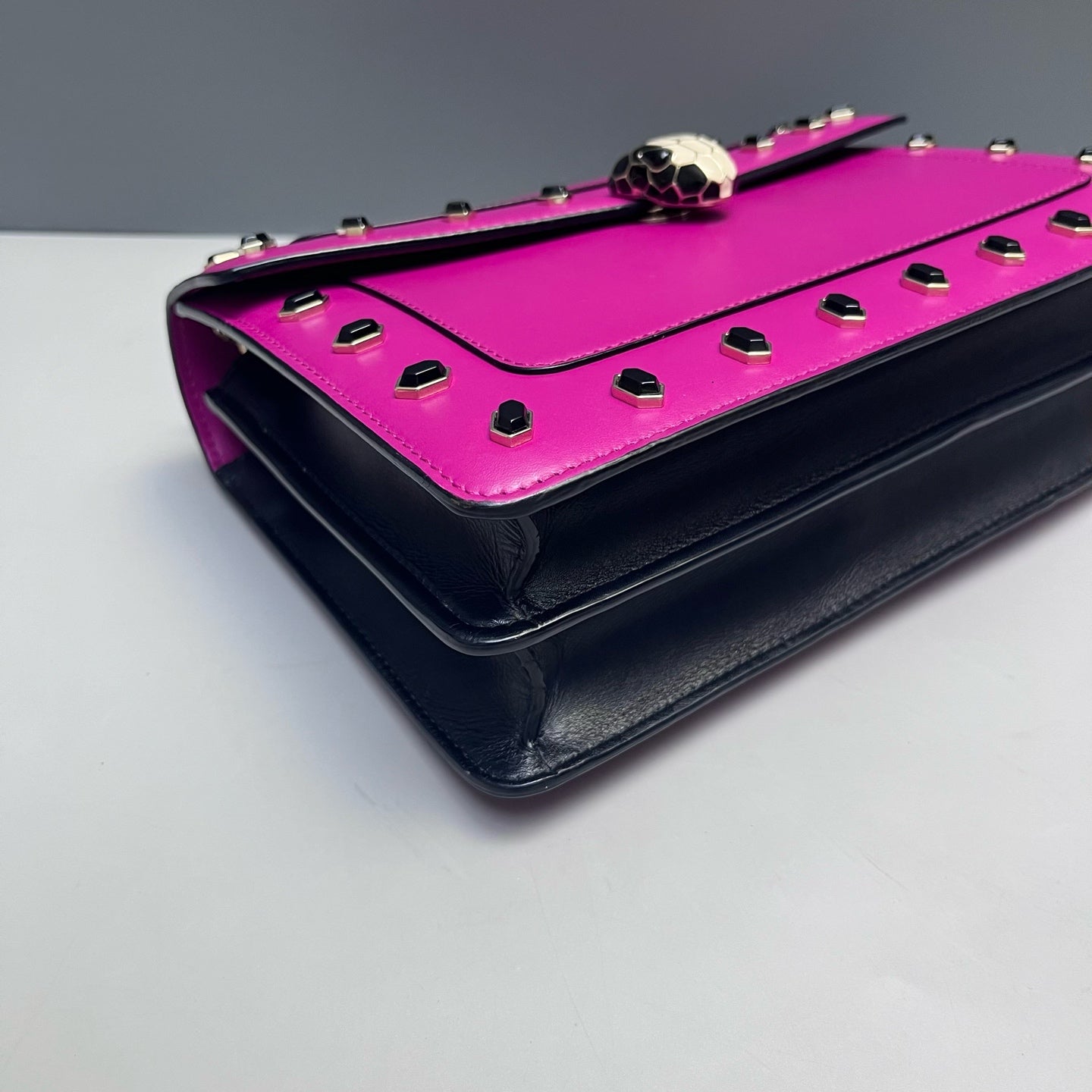 Bvlgari - Serpenti Forever Flap Bag with Studs - Smooth calf leather - Vibrant Magenta with Black Accents and Gold-Tone Hardware - (Medium)