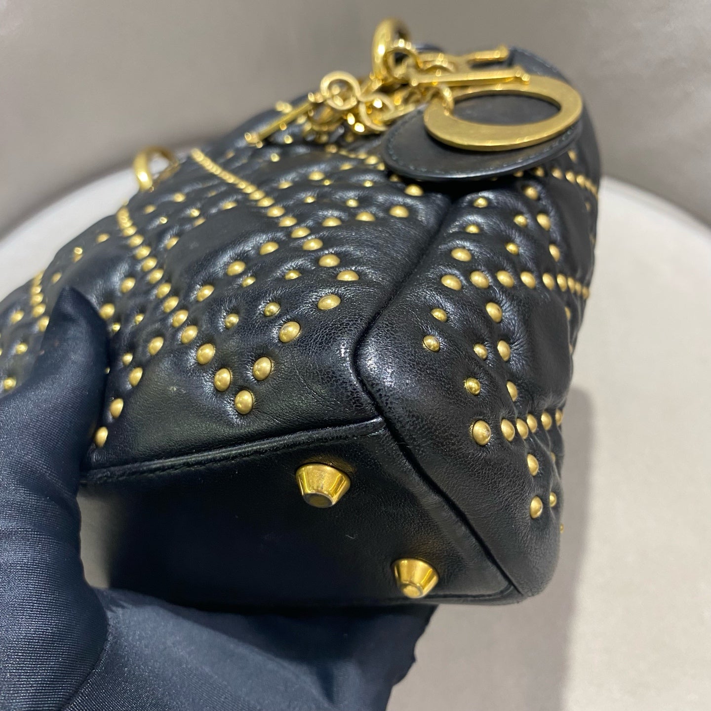 Dior - Lady Dior (Studded) - Lambskin leather with gold-tone rivets - Black - (Mini)