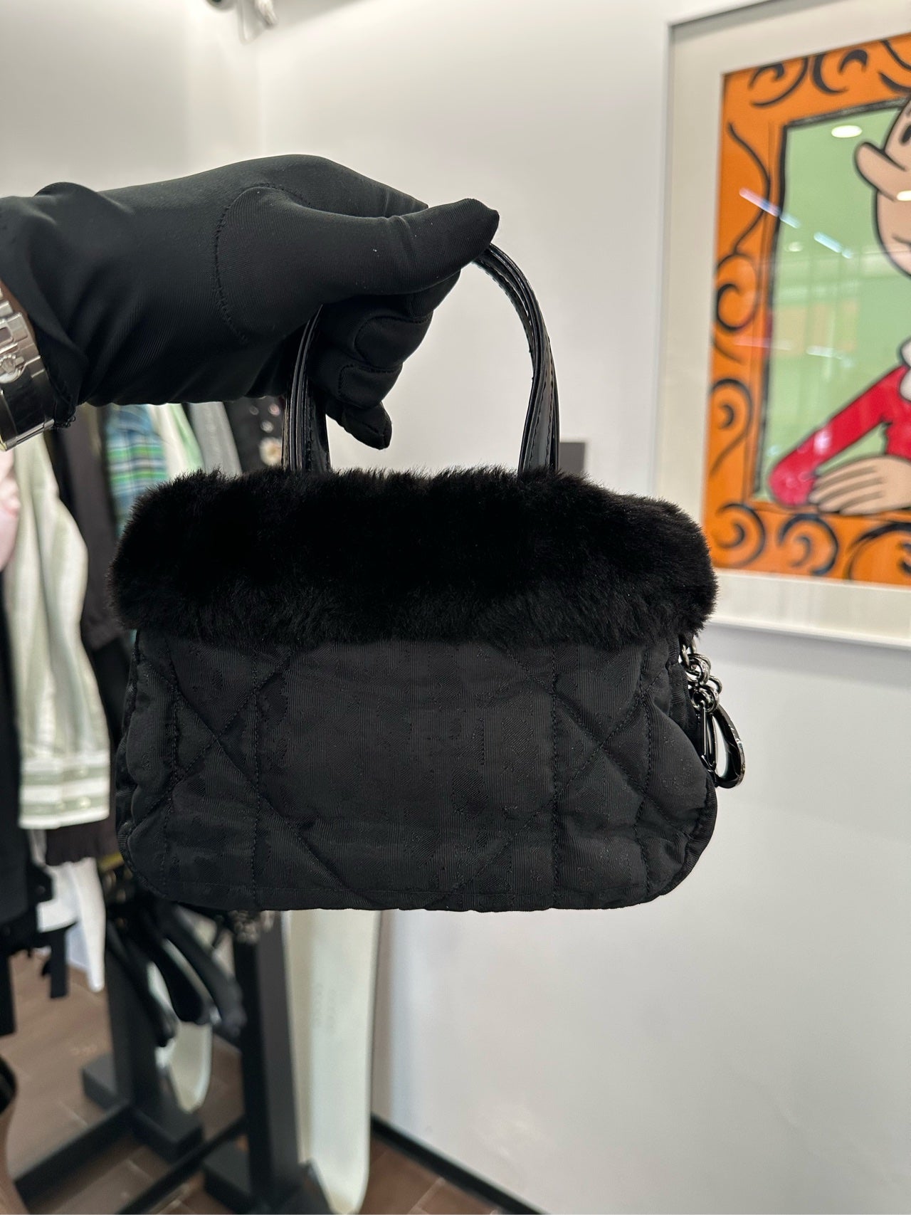 Dior - Vintage Limited Edition Monogram Quilted Top Handle Bag with Fur Trim - Wool blend fabric with fur trim and patent leather handle - Black - (mini)