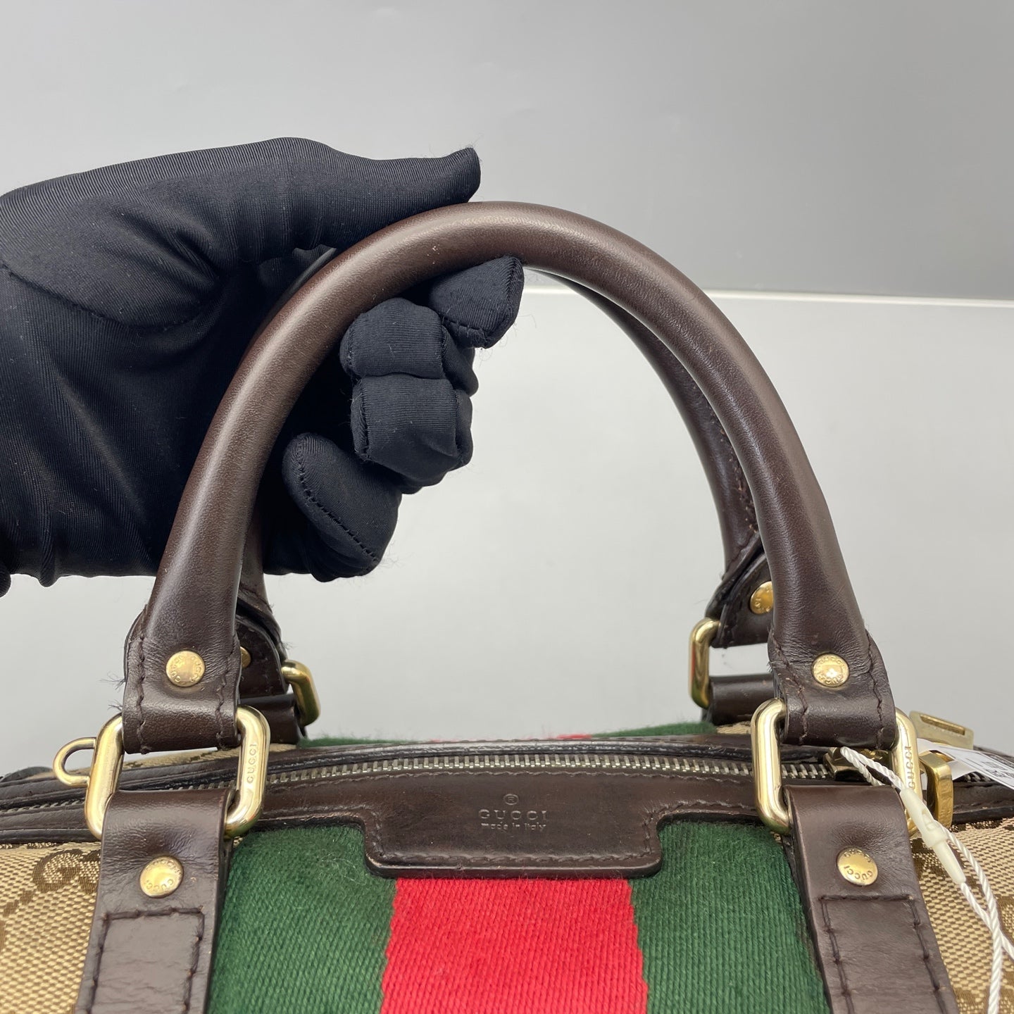 Gucci - Boston Bag - GG Monogram Coated Canvas with Leather Trim - Beige and Brown with Red and Green Accents - (small)