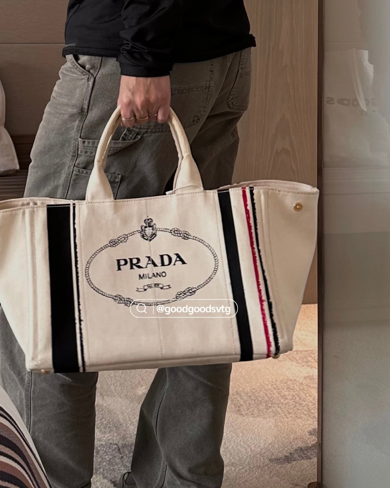 Prada - Canvas Striped Tote Bag - Canvas - White with Black and Red Stripes - (large)