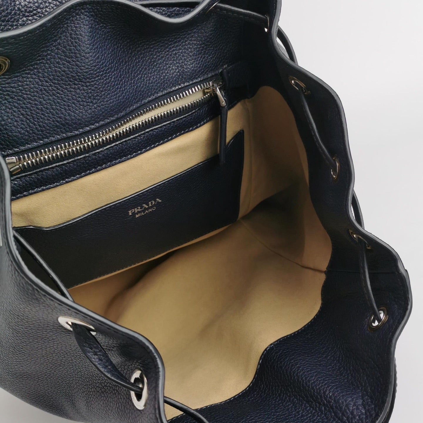 Prada - Grained Leather Drawstring Flap Backpack - Leather - Navy - (Medium)