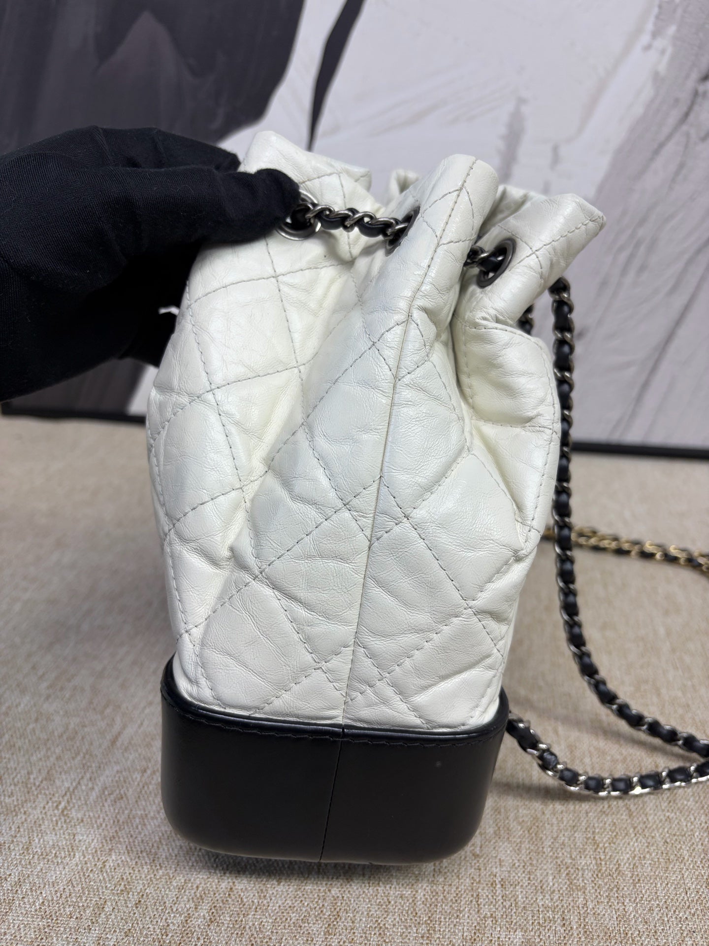 Chanel - Gabrielle Backpack - Distressed calfskin and smooth calfskin - Black and White with Silver-Tone Hardware - (Small)
