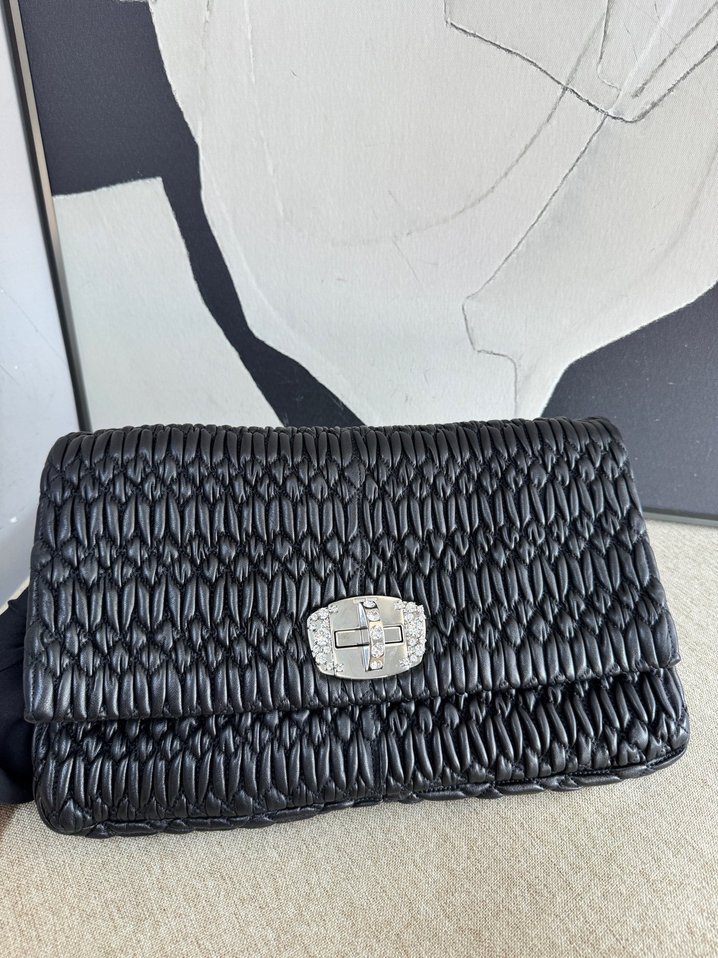 Miu Miu - Matelassé Crystal Chain Bag - Lambskin leather - Black - (Large)