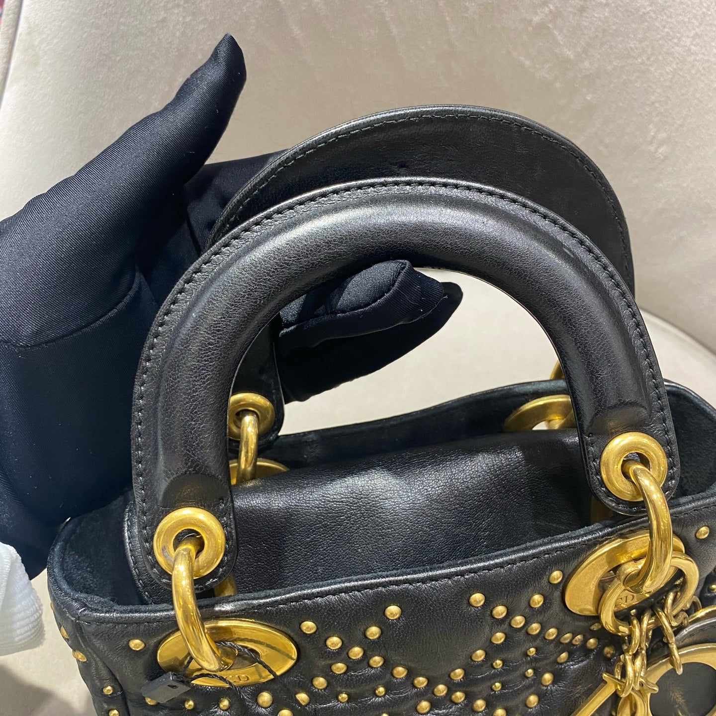 Dior - Lady Dior (Studded) - Lambskin leather with gold-tone rivets - Black - (Mini)