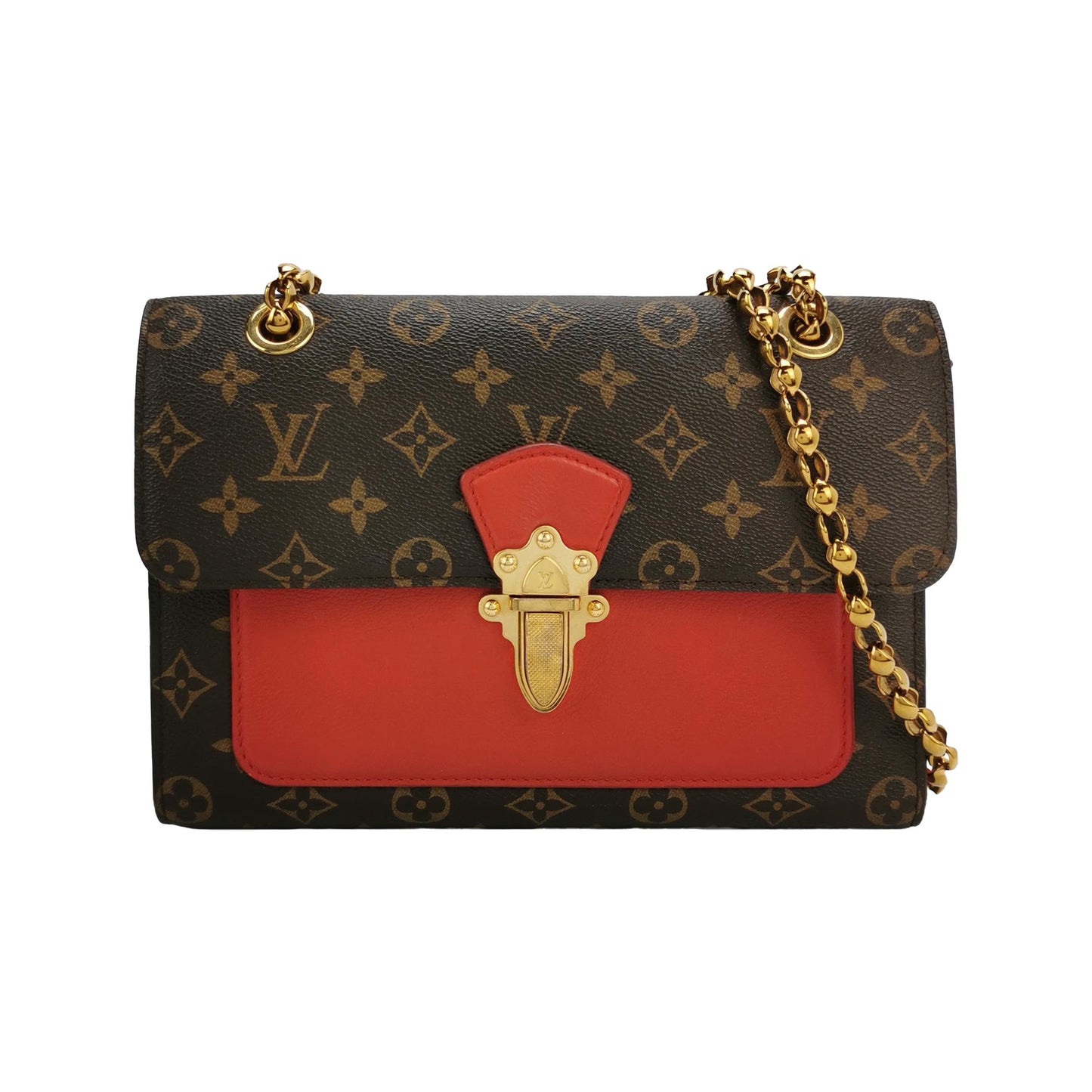 Louis Vuitton - Chain S-Lock Flap Bag - Monogram coated canvas and grained leather - Brown and Red with Gold-Tone Hardware - (medium)