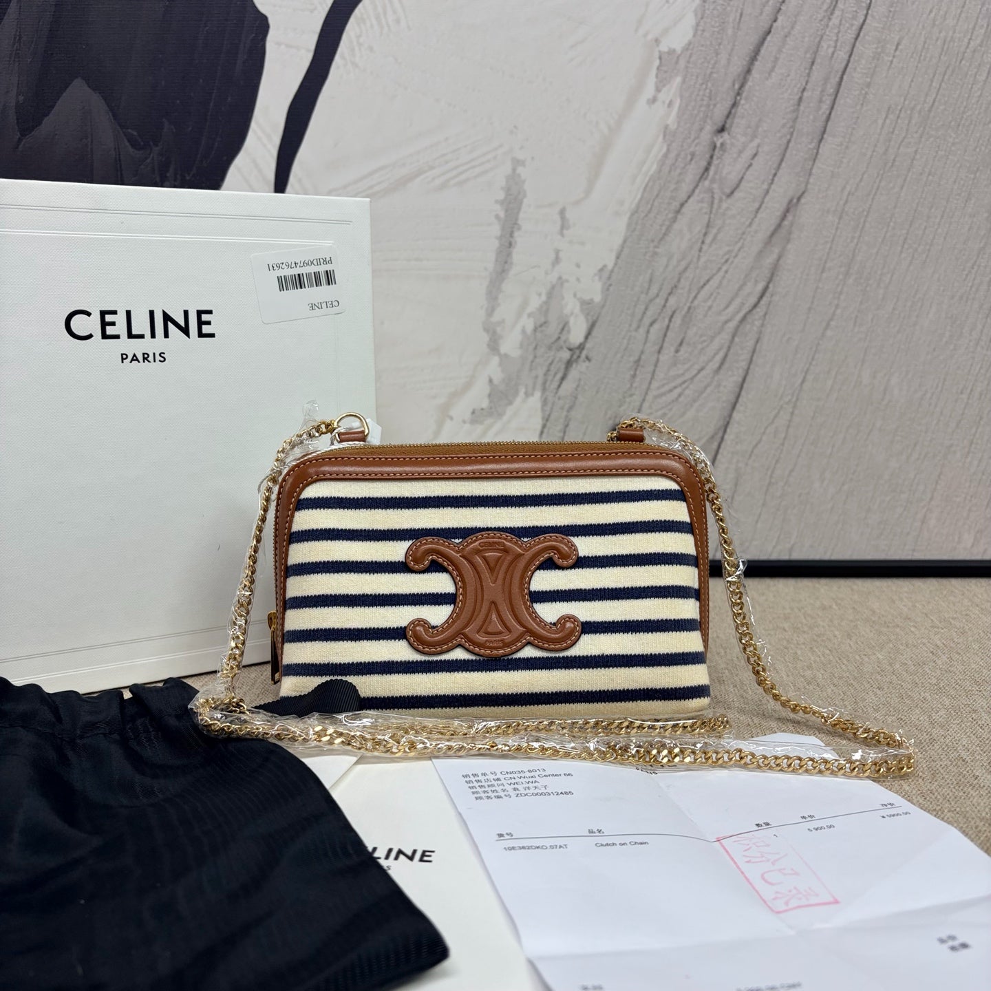 Celine - Triomphe Nautical Stripe Clutch on Chain - Canvas and Leather - Blue, White, Brown - (Mini)