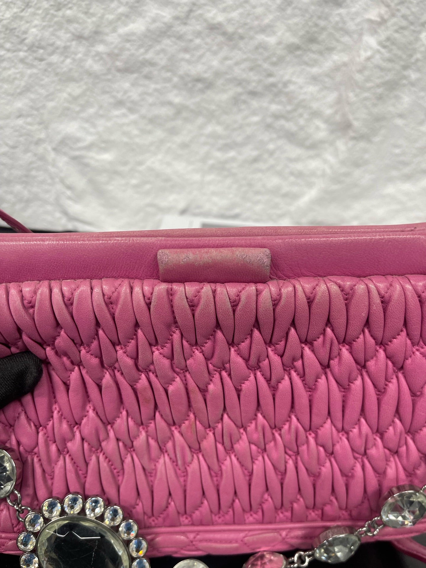 Miu Miu - Matelassé Gemstone Chain Shoulder Bag - Lambskin leather - Pink - (Small)
