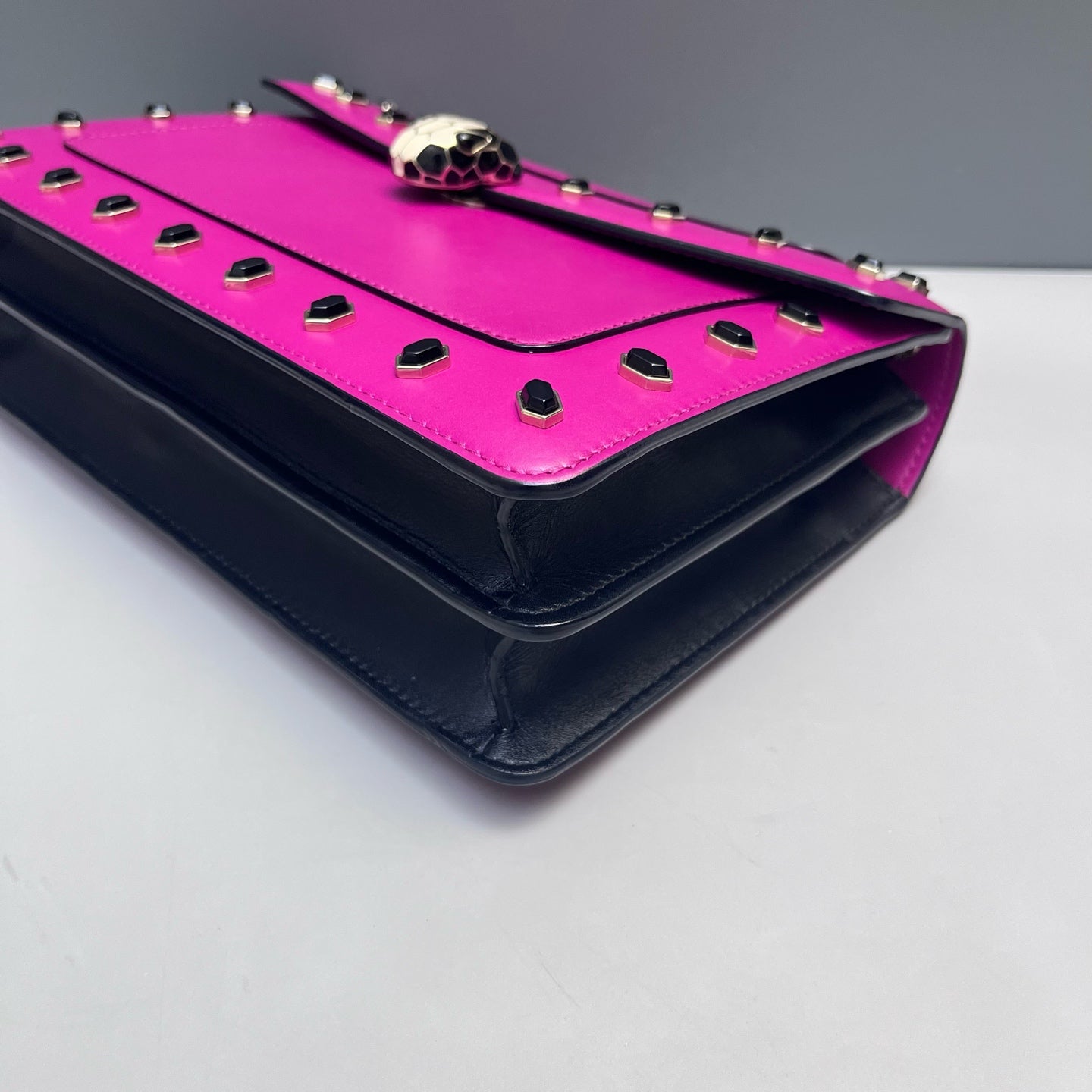 Bvlgari - Serpenti Forever Flap Bag with Studs - Smooth calf leather - Vibrant Magenta with Black Accents and Gold-Tone Hardware - (Medium)