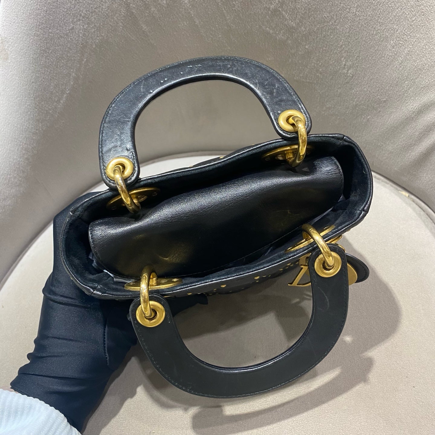 Dior - Lady Dior (Studded) - Lambskin leather with gold-tone rivets - Black - (Mini)