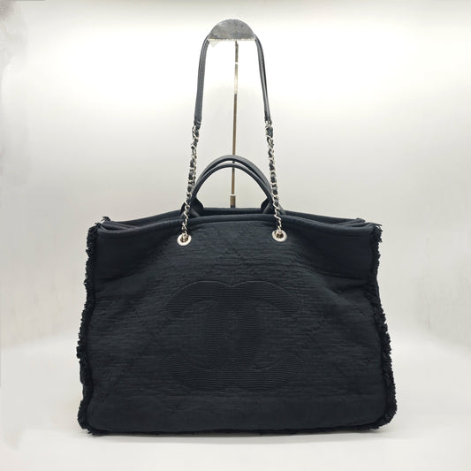 Chanel - Tweed Beach Tote - Tweed fabric with leather handles - Black - (large)