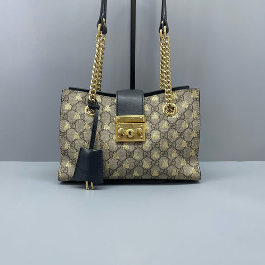 Gucci - Padlock Small GG Supreme Bee Shoulder Bag (261710) - GG Supreme coated canvas with leather trim - Beige and Black with Gold Accents - (small)