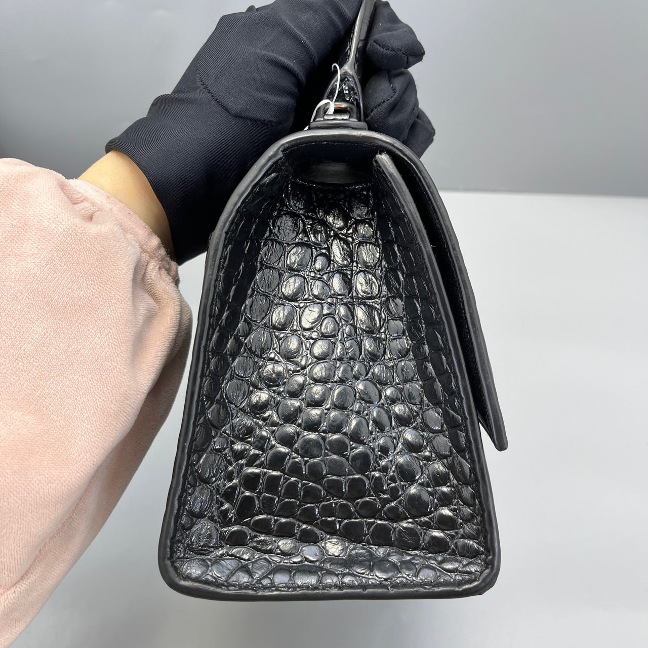 Balenciaga - Hourglass Top Handle Bag S - Crocodile embossed calf leather - Black - (mini)