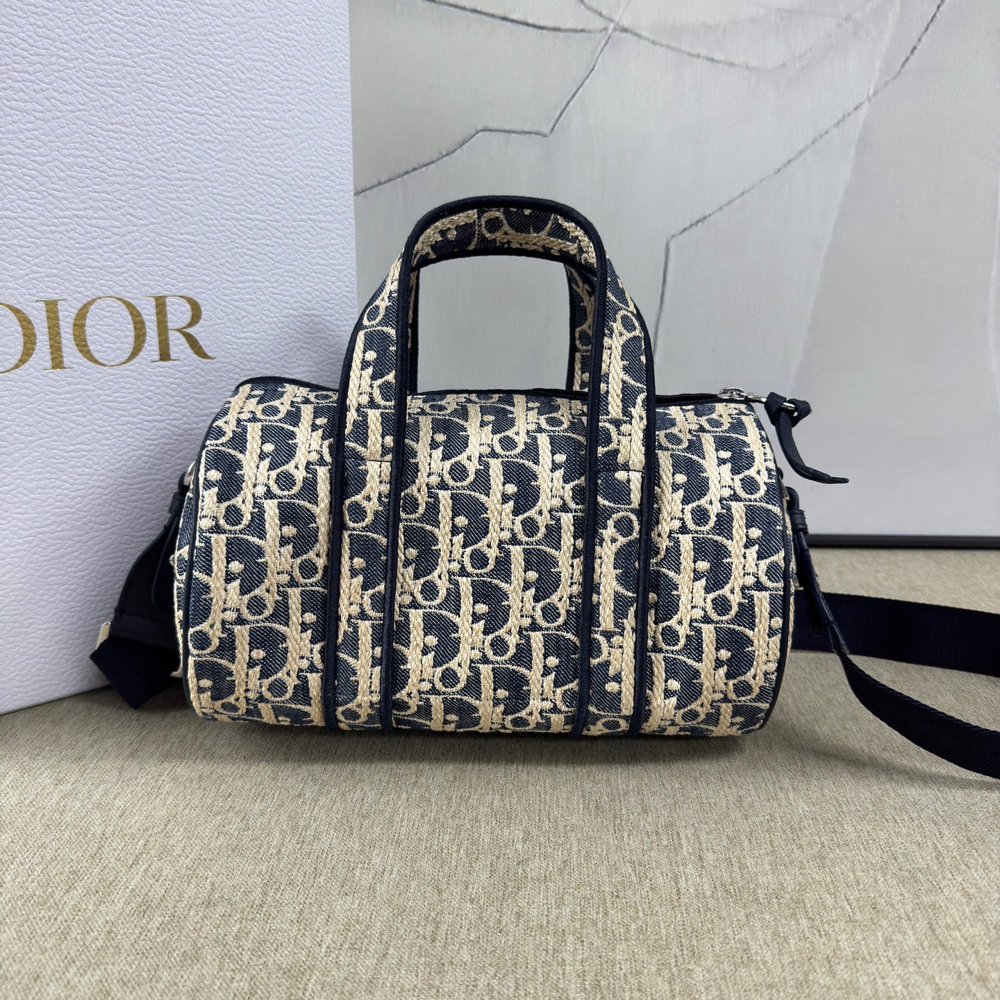 Dior - Dior Oblique Denim Cylinder Bag - Denim with leather trim and embroidery - Blue - (mini)