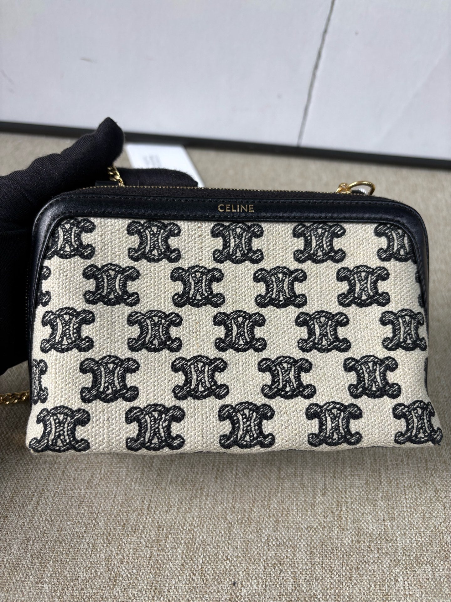 Celine - Mini Triomphe Canvas Pouch with Chain - Triomphe Canvas and Calfskin Leather - Beige, Black, Gold-Tone Hardware - (mini)