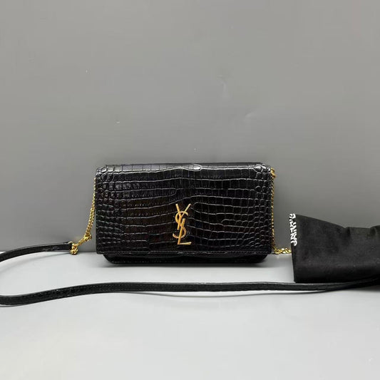 Saint Laurent - Envelope Bag - Crocodile embossed cowhide leather - Black with Gold-Tone Hardware - (mini)