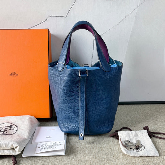 Hermès - Picotin Lock 18 - Taurillon Clemence leather - Deep Blue with Anemone Purple accents - (mini)