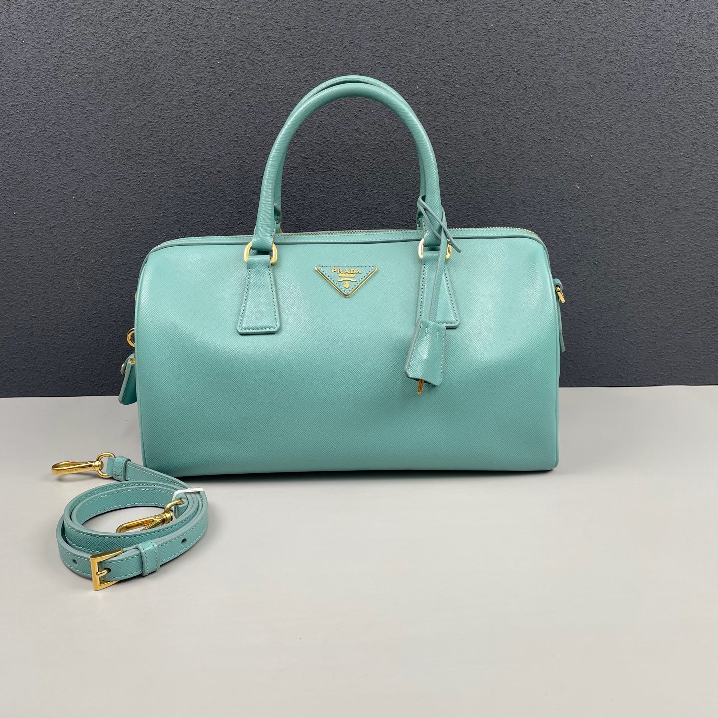 Prada - Saffiano Lux Boston Bag - Saffiano leather - Aqua Blue - (Medium)