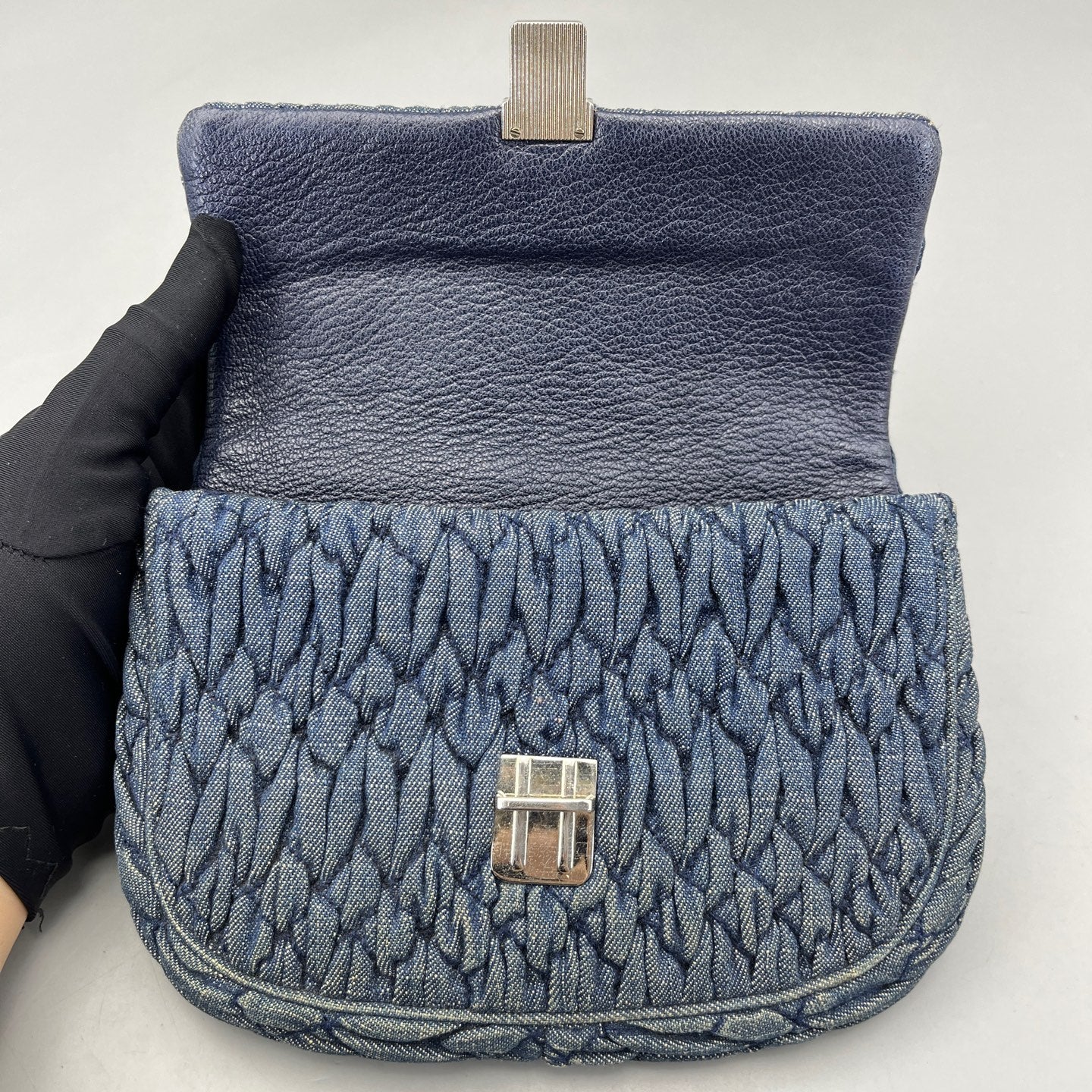 Miu Miu - Matelassé Denim Gemstone Chain Flap Bag - Denim - Blue - (mini)