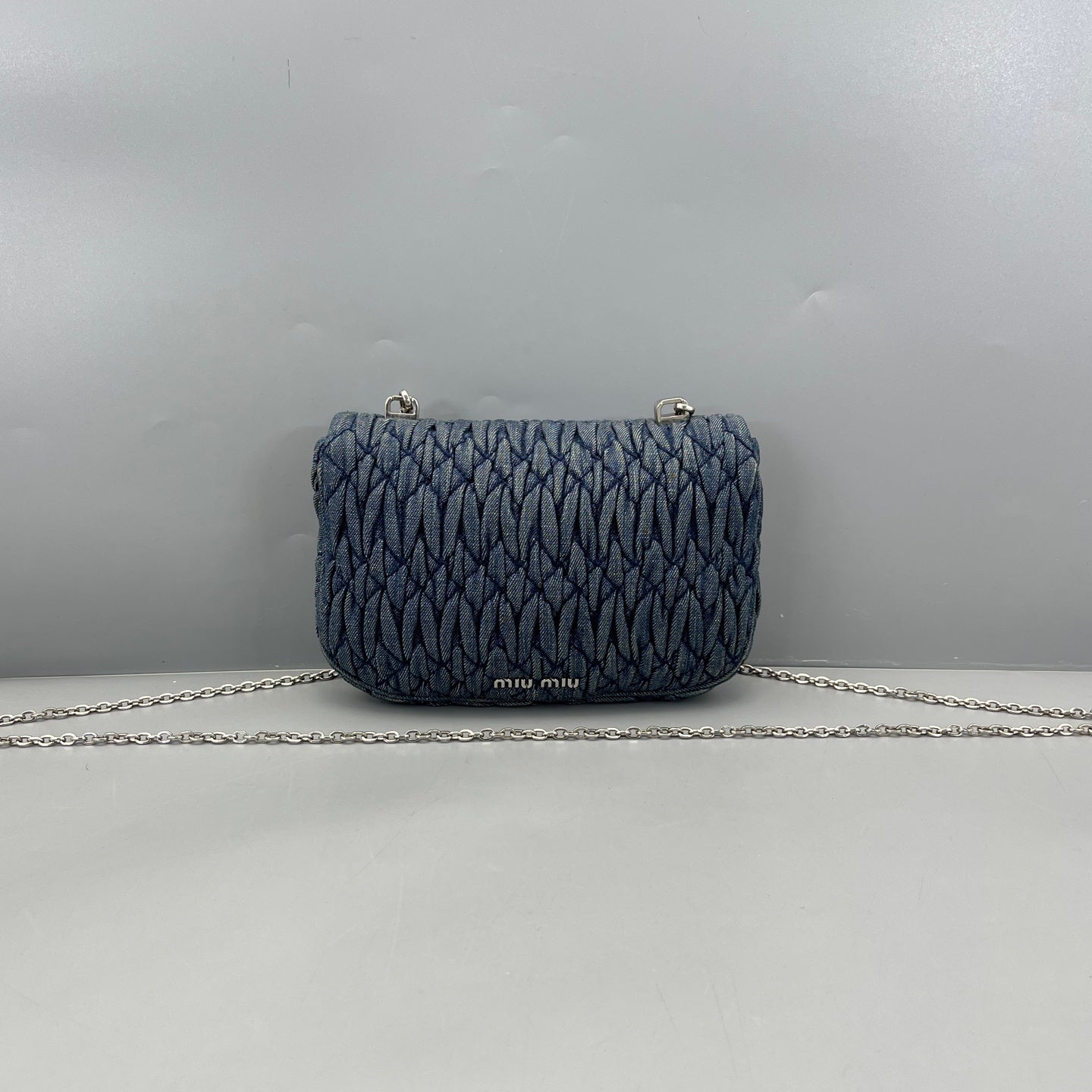Miu Miu - Matelassé Denim Gemstone Chain Flap Bag - Denim - Blue - (mini)