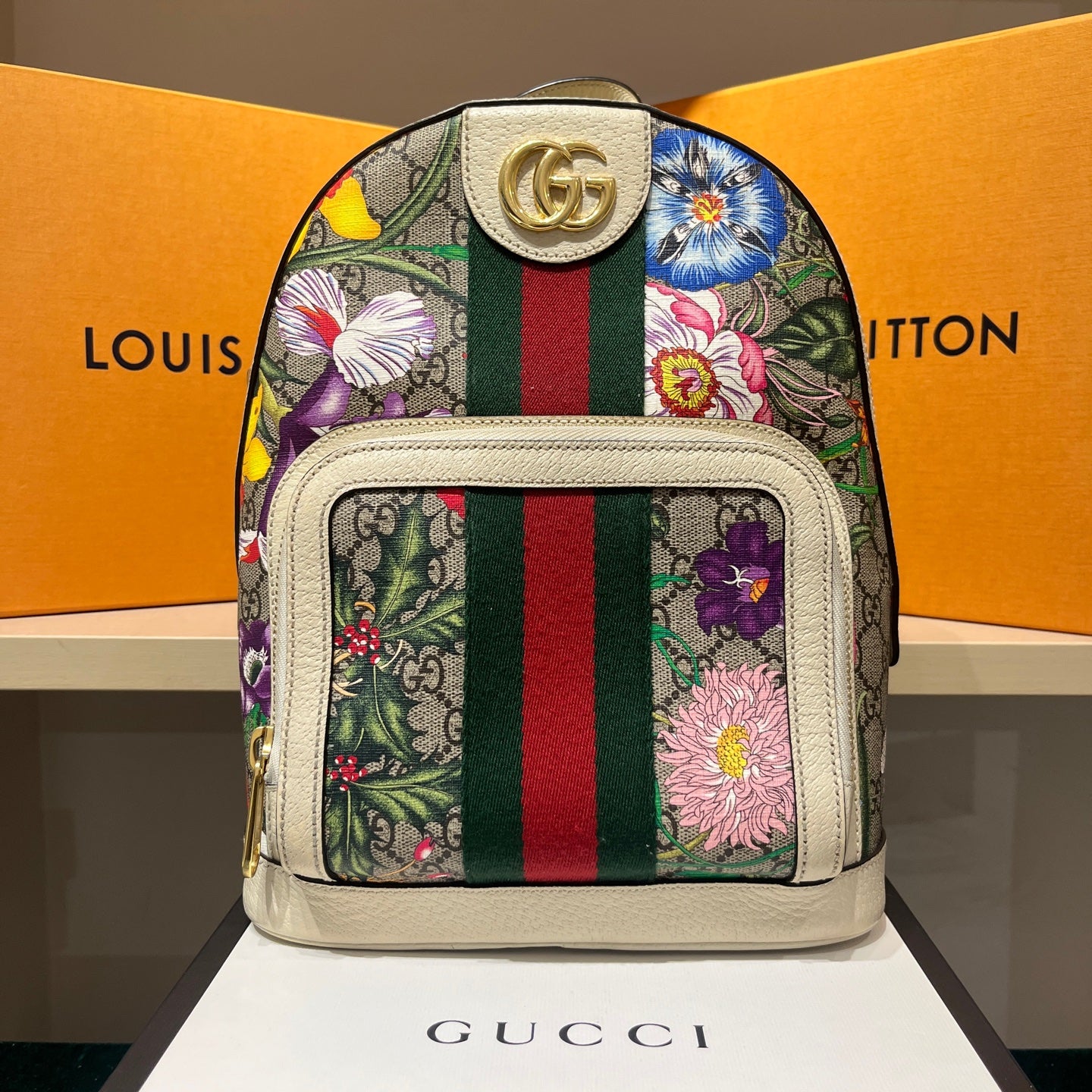 Gucci - GG Supreme Floral Backpack - Coated canvas with leather trim - Multicolour - (small)