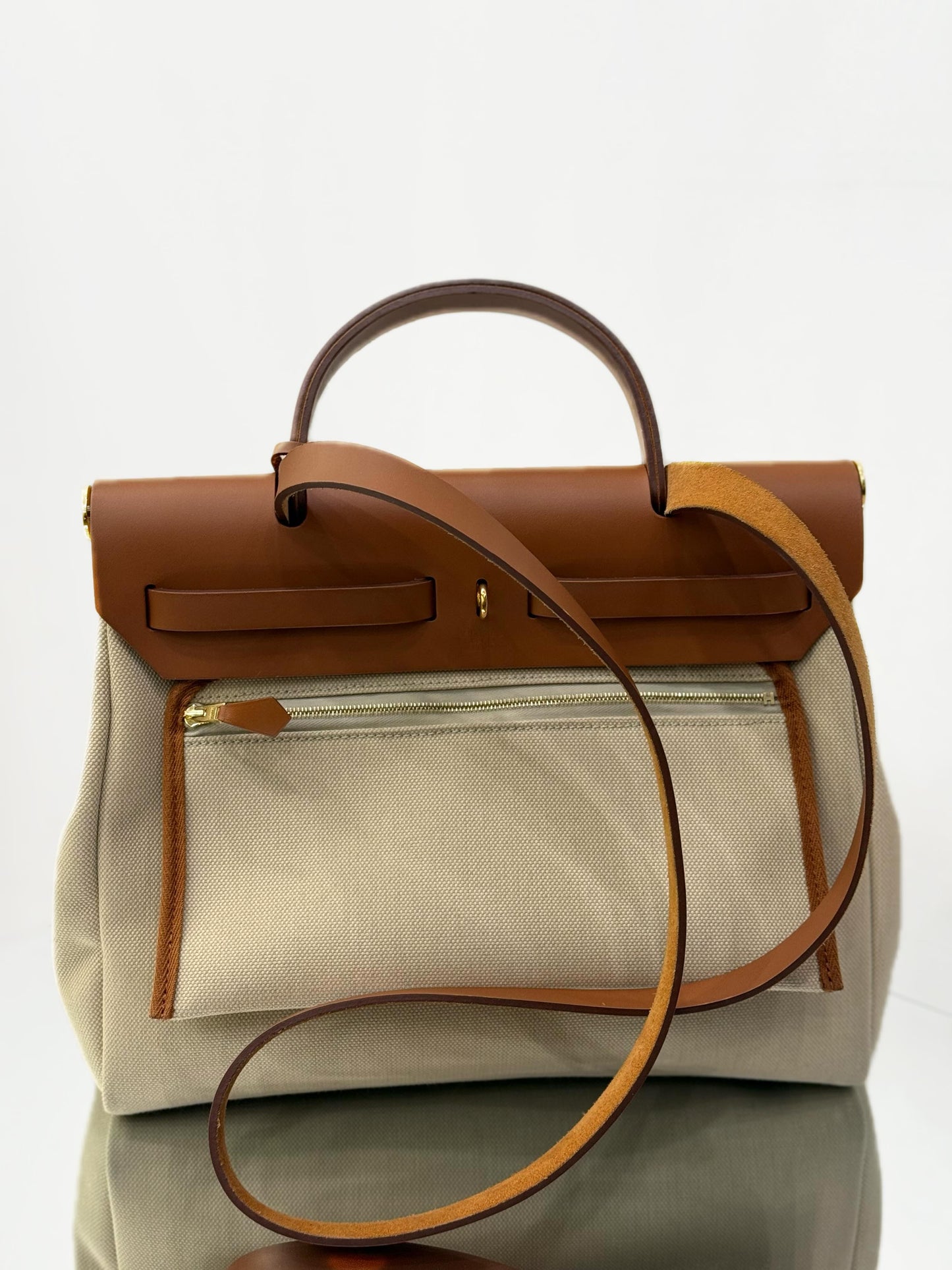 Hermès - Herbag Zip 31 Retourne - Veau Hunter leather and Officier canvas - Golden Brown and Beige - (Medium)