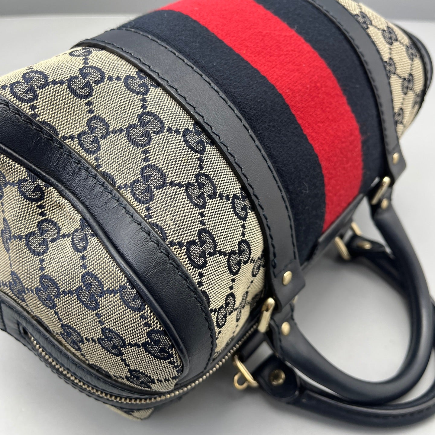 Gucci - GG Monogram Boston Bag with Web Stripe - Canvas with Leather trim - Beige and Blue - (Small)
