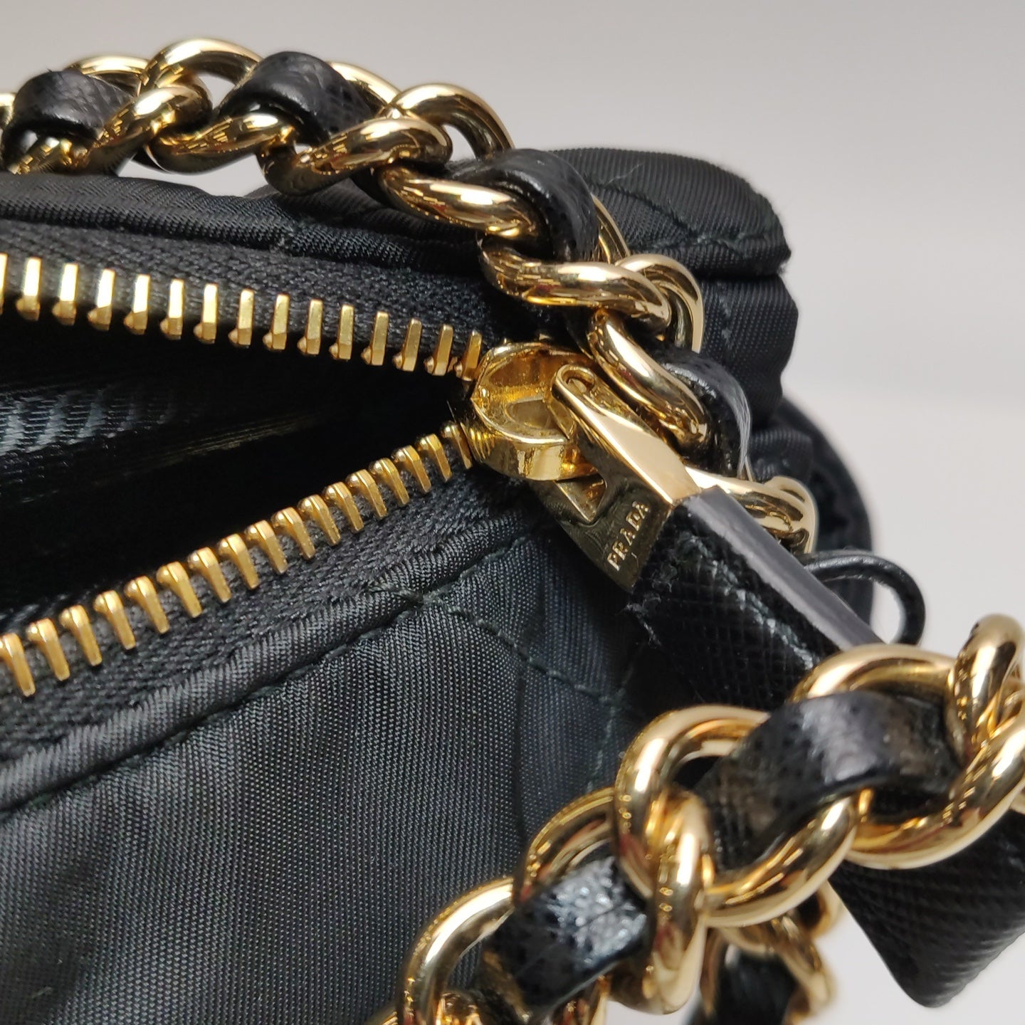 Prada - Quilted Tessuto Chain Shoulder Bag - Quilted Tessuto nylon with Saffiano leather trim - Black - (Medium)
