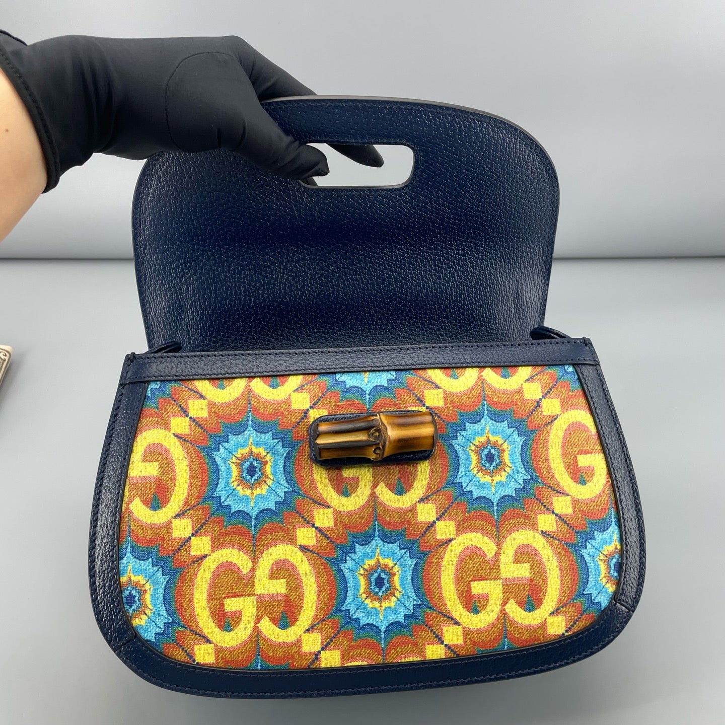 Gucci - 100th Anniversary Limited Edition Bamboo Bag - Canvas with Leather Trim and Bamboo Handle - Multicolour with Navy Trim - (medium)