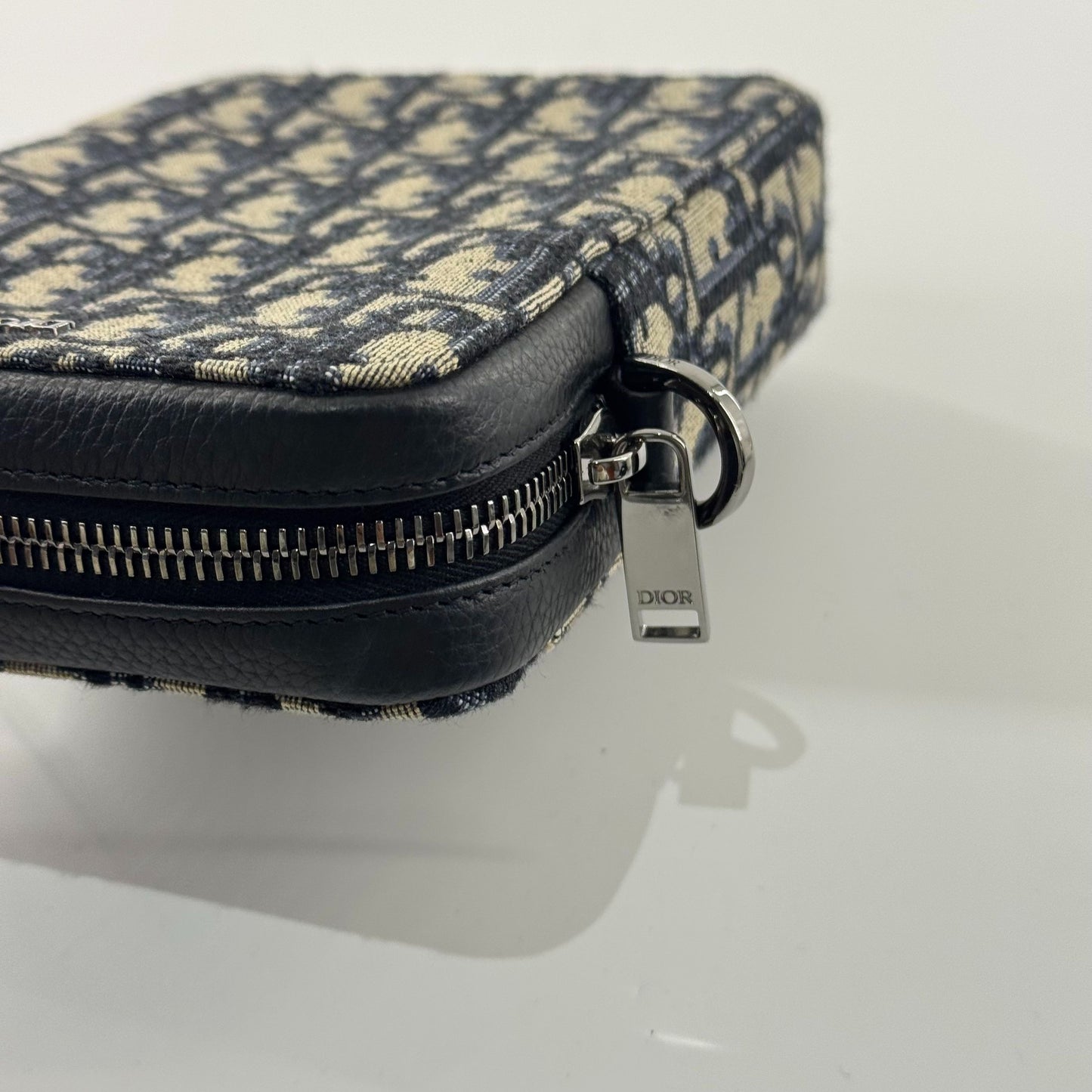 Dior - Oblique Canvas Vertical Phone Pouch - Canvas and Leather - Blue and Beige with Black trim - (mini)