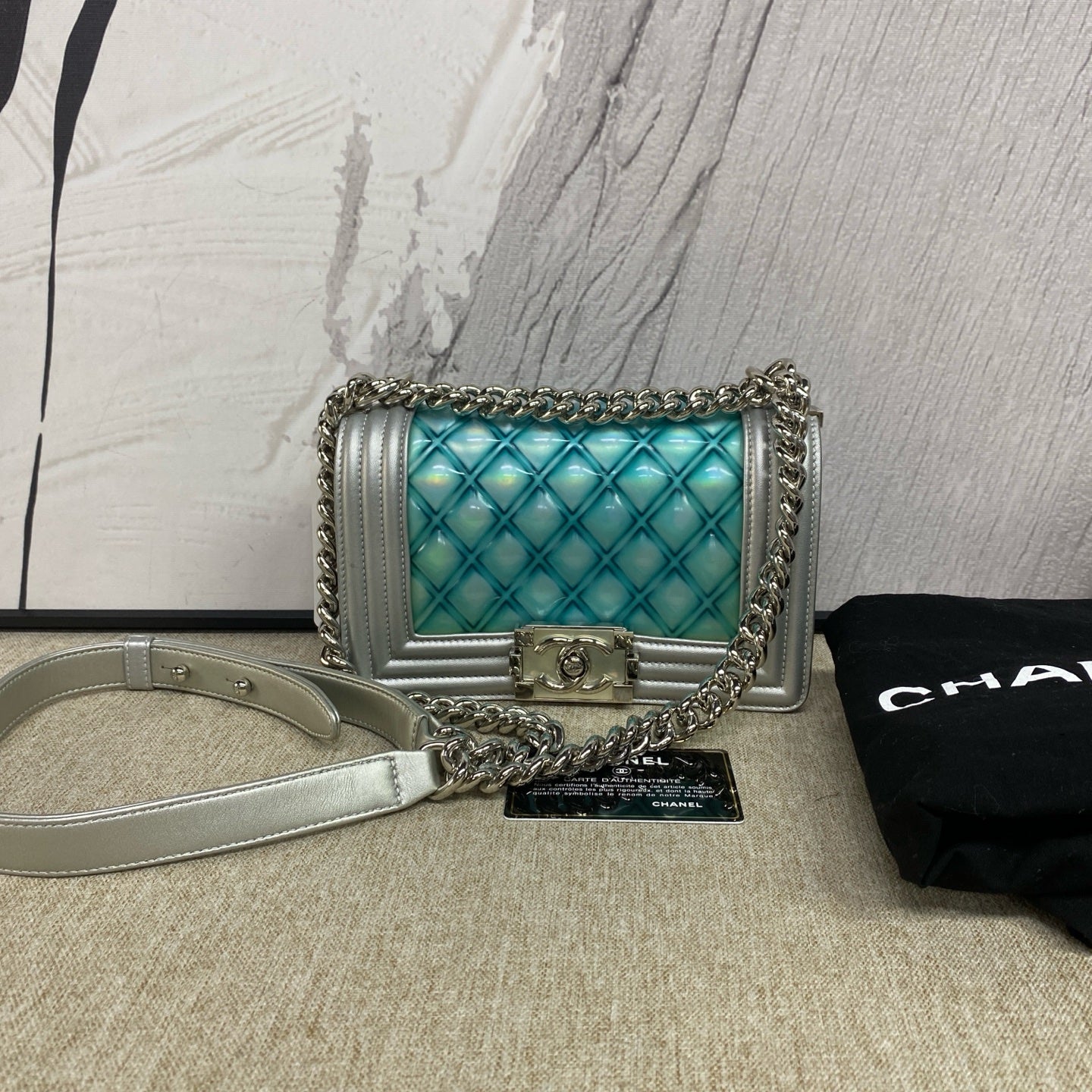 Chanel - Le Boy Mermaid Iridescent Chain Bag - Pearlescent PVC and leather - Blue and Silver Bicolor - (Mini)